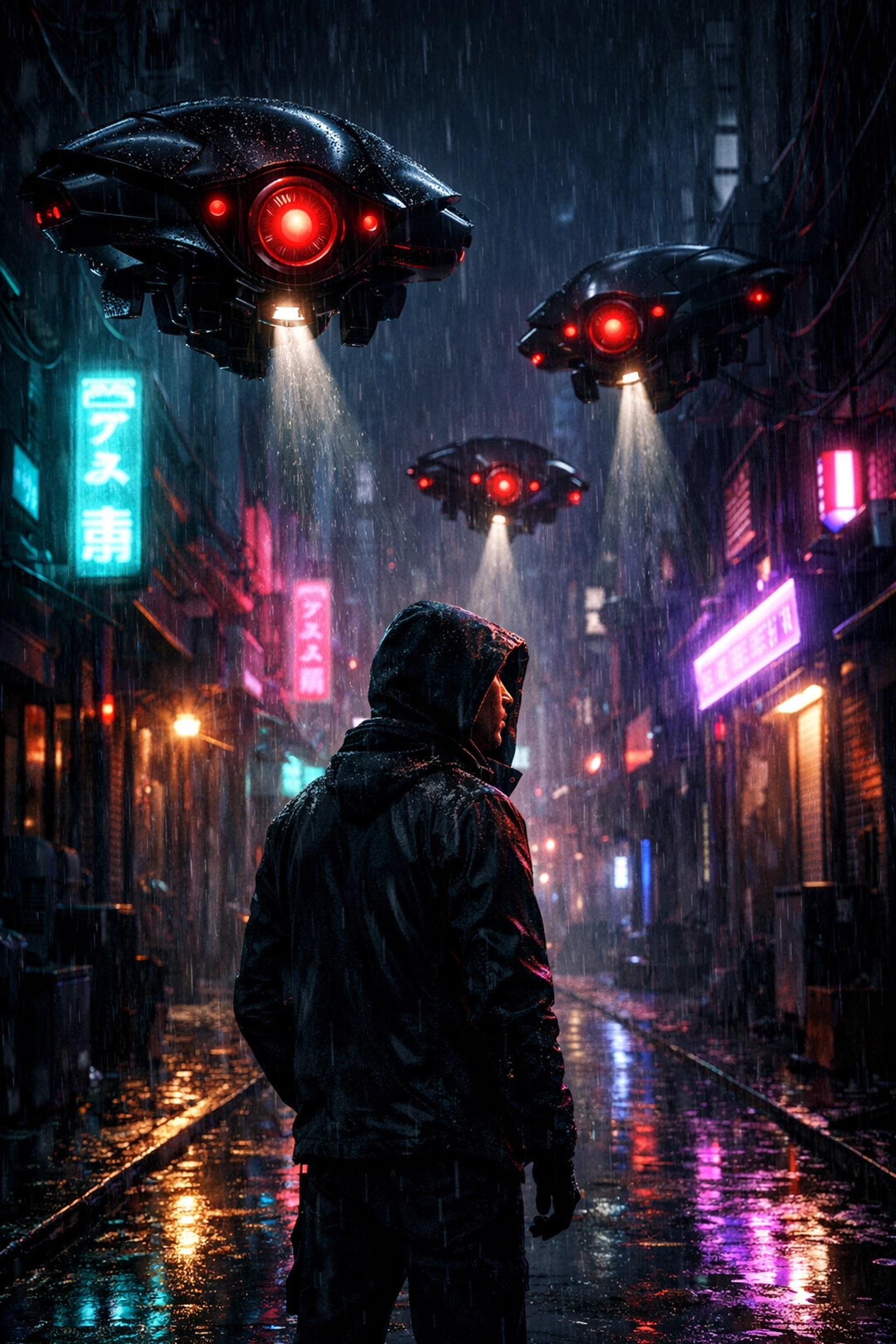 A person in a neon cyberpunk alley monitored by surveillance drones, reflecting themes from dystopian sci fi books.