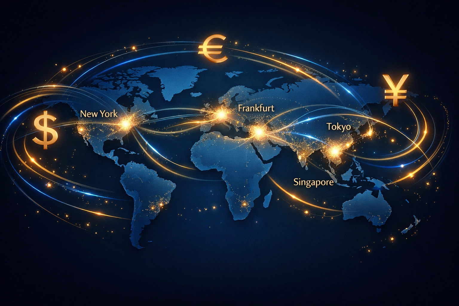 Global financial markets connected across major international centers for geographic investment diversification