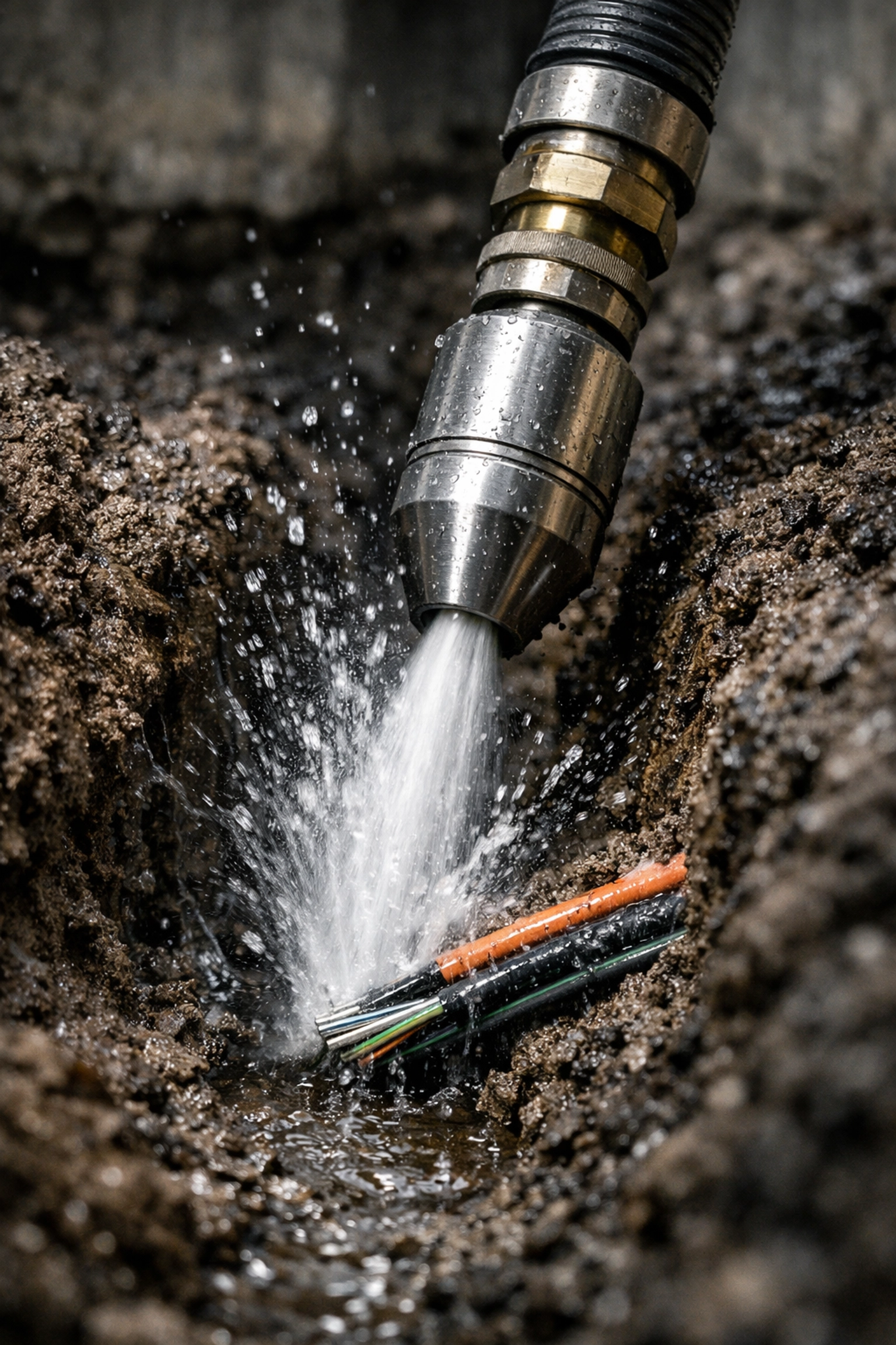 Close-up of a hydro-excavation nozzle safely exposing underground fiber-optic lines with water.