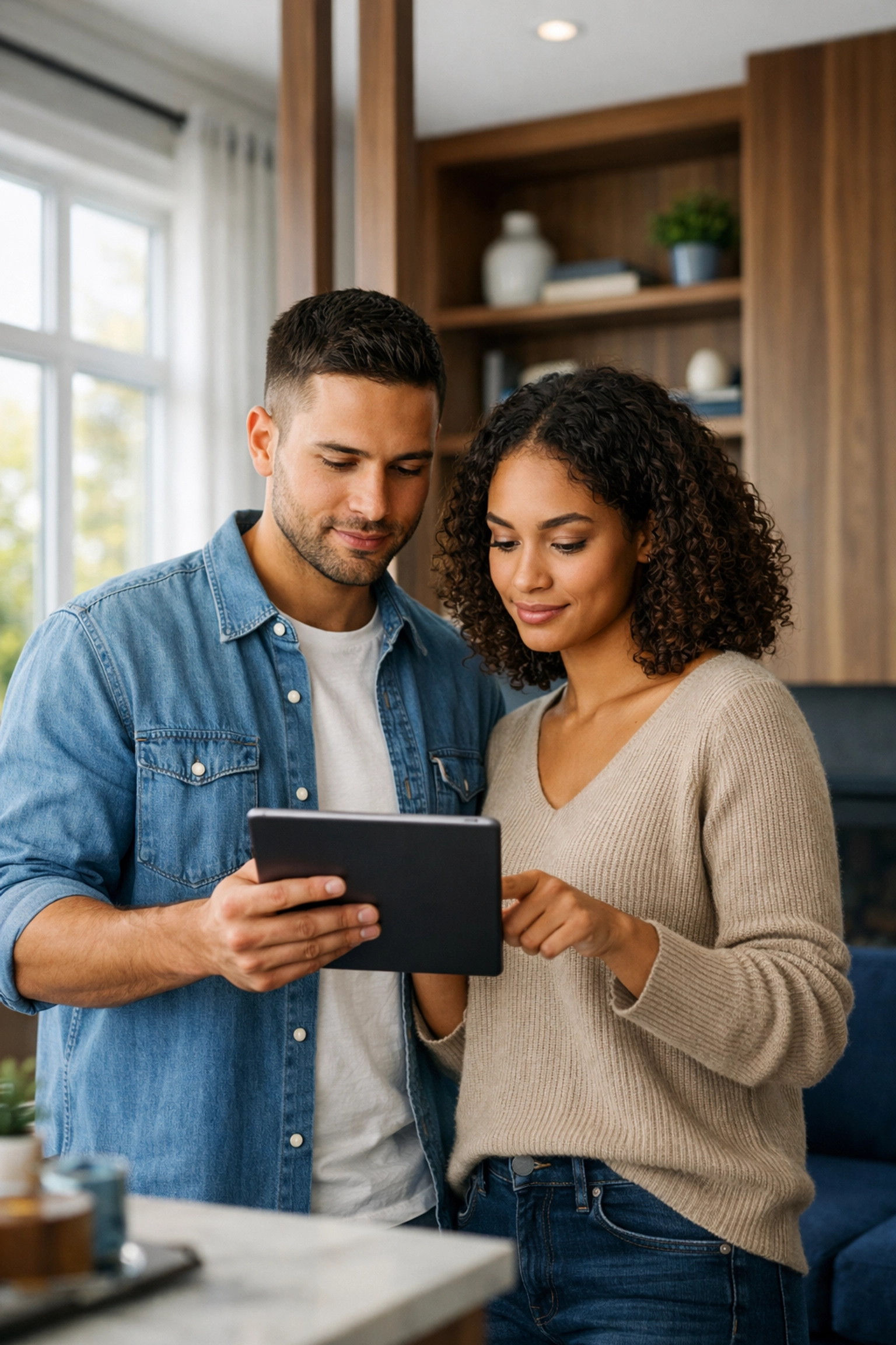 First-time home buyers in Ontario planning their home purchase in a modern townhouse living room.