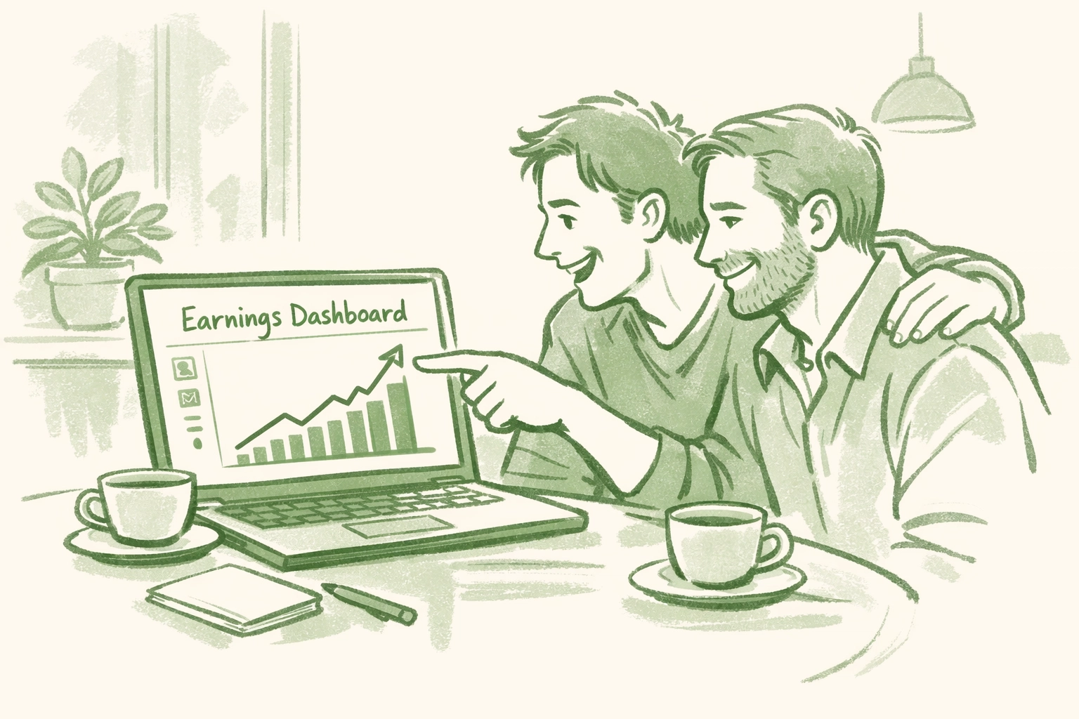 MM romance authors reviewing rising earnings dashboard showing 85% royalty benefits from direct sales