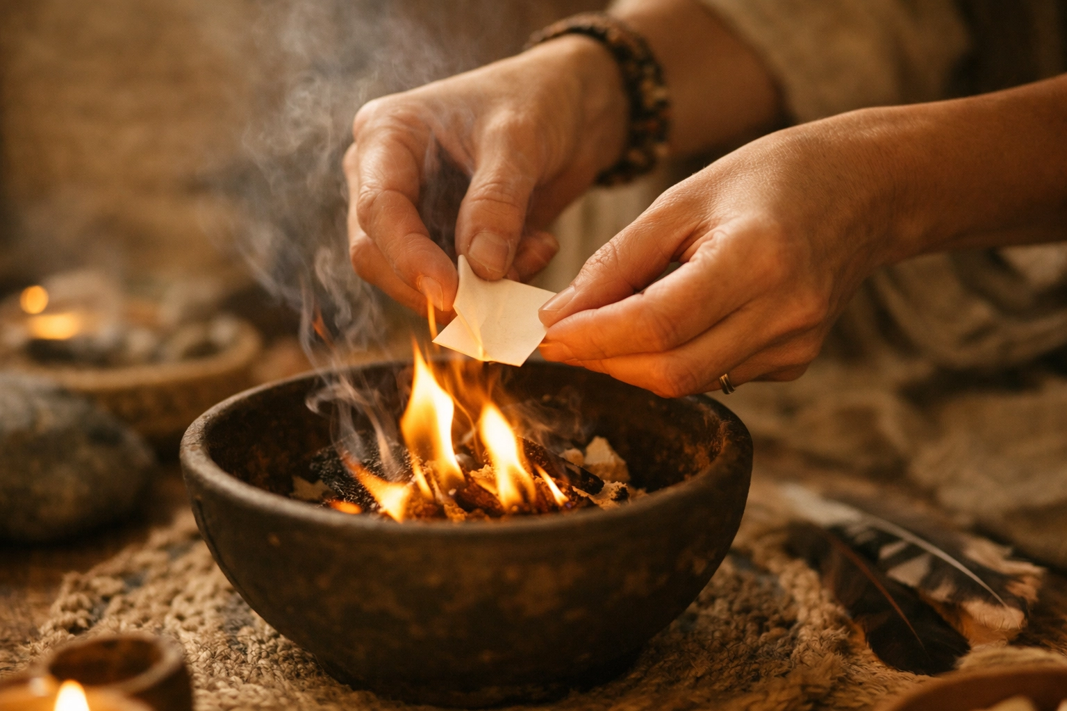 Woman releasing written intentions into ceremonial fire for emotional healing and transformation Woman releasing written intentions into ceremonial fire for emotional healing and transformation