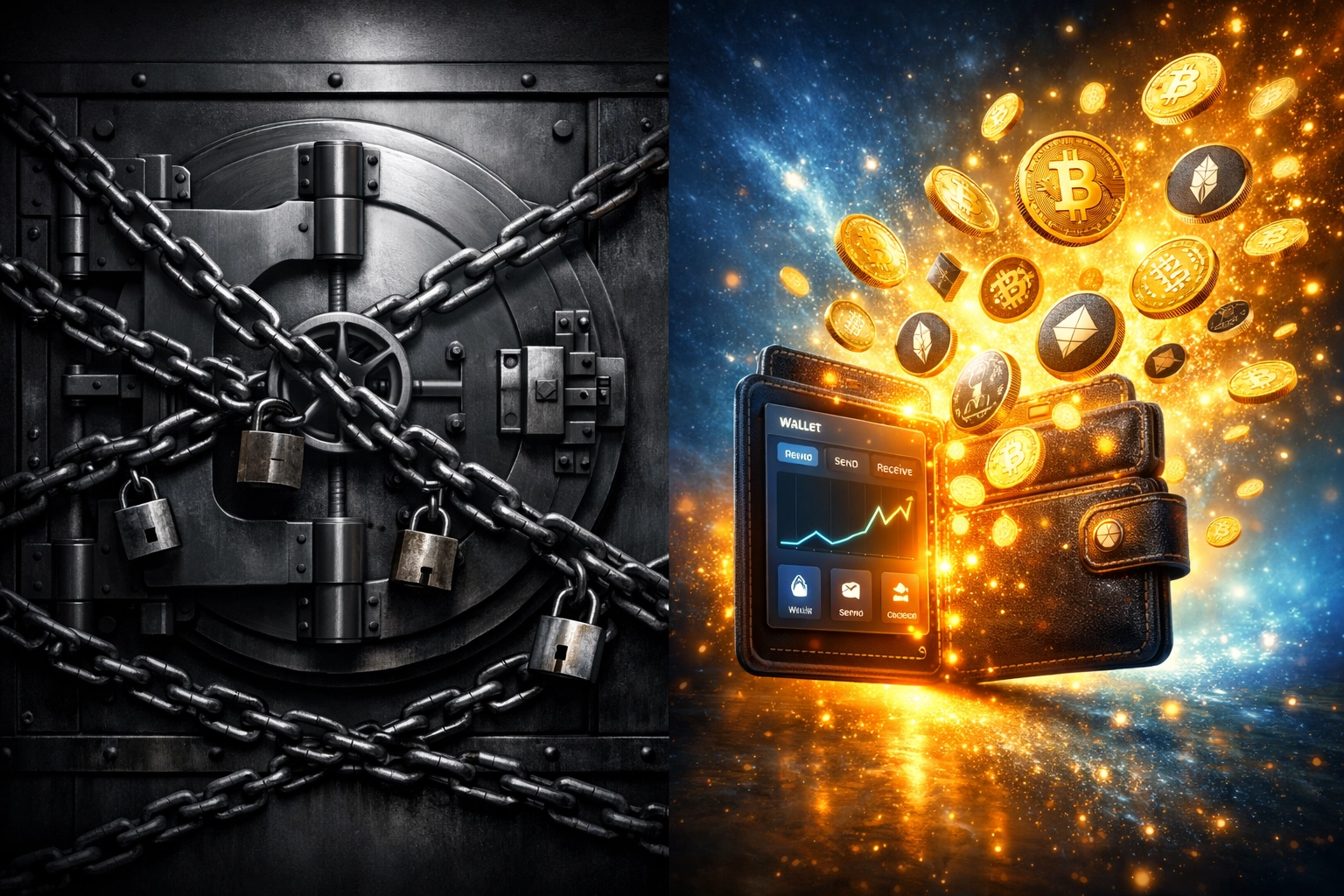 Self-custody digital wallet versus traditional bank vault showing payment processing freedom