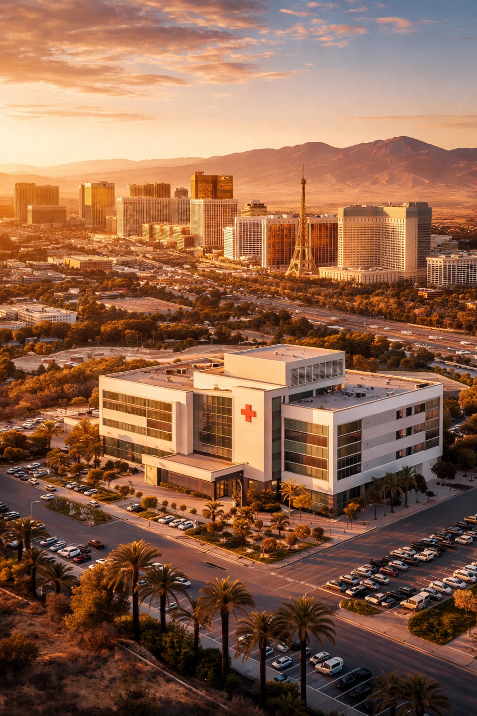 Aerial view of Las Vegas skyline with a local medical center offering erectile dysfunction care