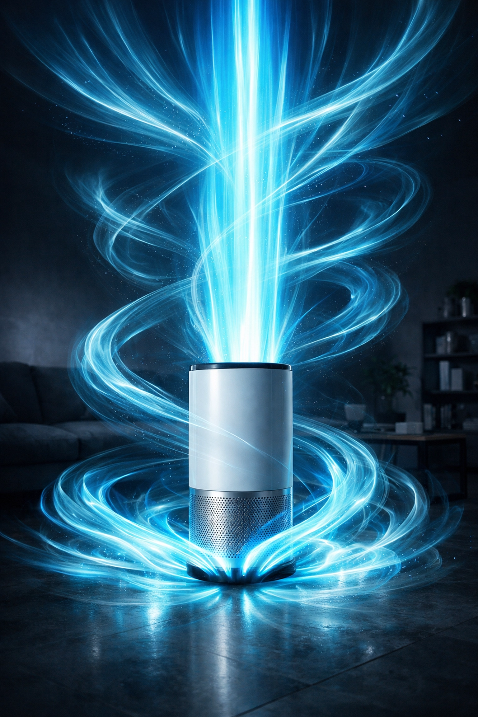 Visualization of 360-degree air intake and clean air circulation flow from a high-performance air purifier.