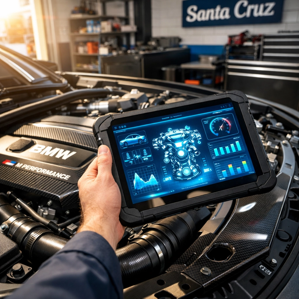 Expert BMW mechanic using advanced diagnostic tools for specialized BMW repair near me.