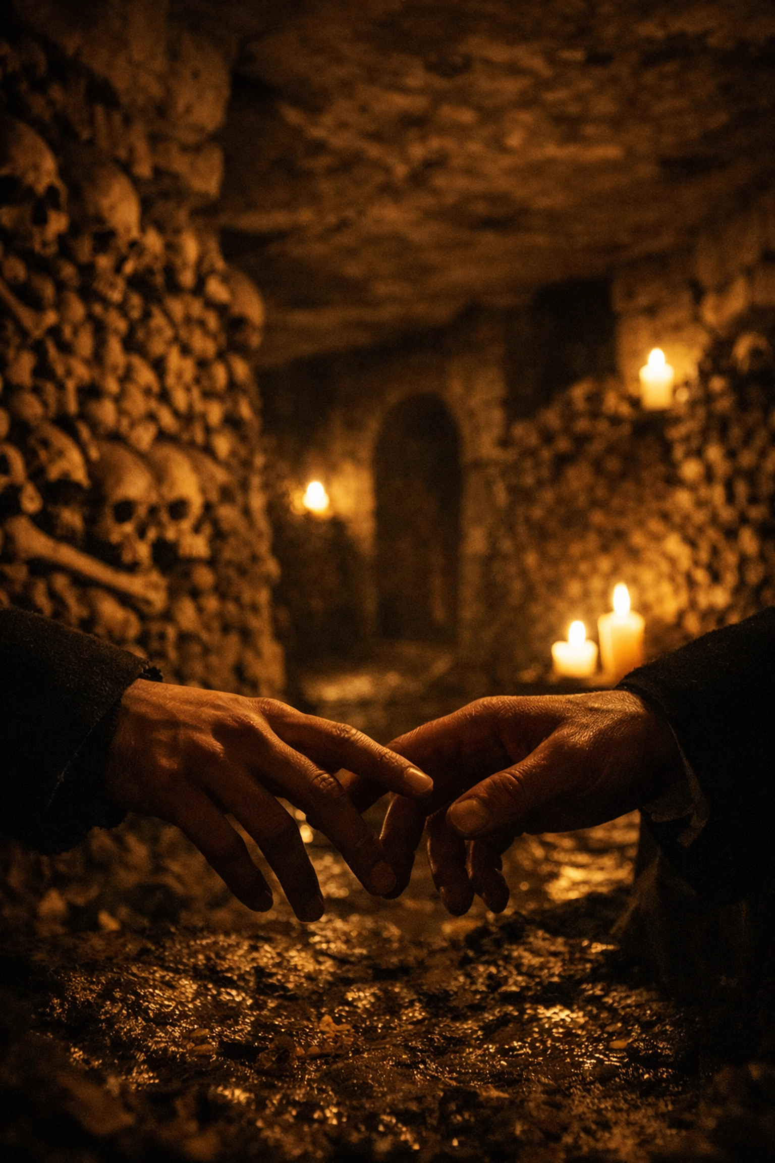 Two men's hands reaching for each other in the Paris catacombs representing secret gay love in history
