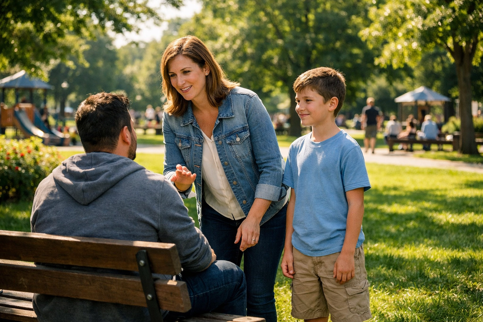 A mother and son practicing everyday evangelism and sharing the love of Jesus in a local public park.