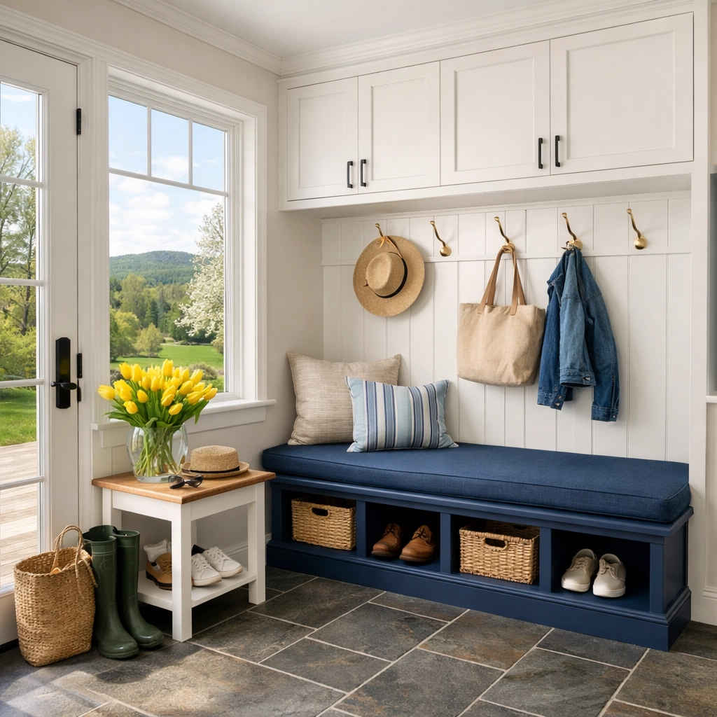 Bright spring entryway cleaned by professional cleaners in Leominster MA with organized white cabinetry.