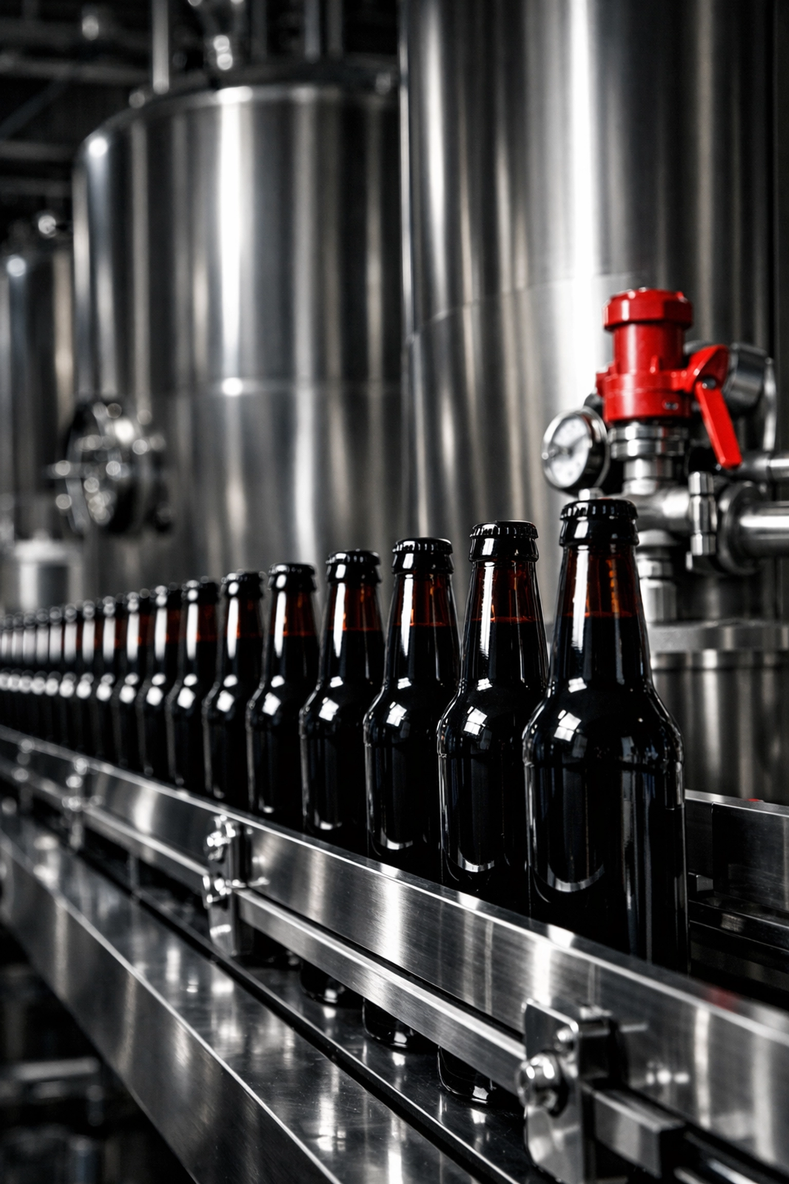 Craft brewery production line featuring glass bottles on a conveyor belt and large stainless steel fermentation vats.