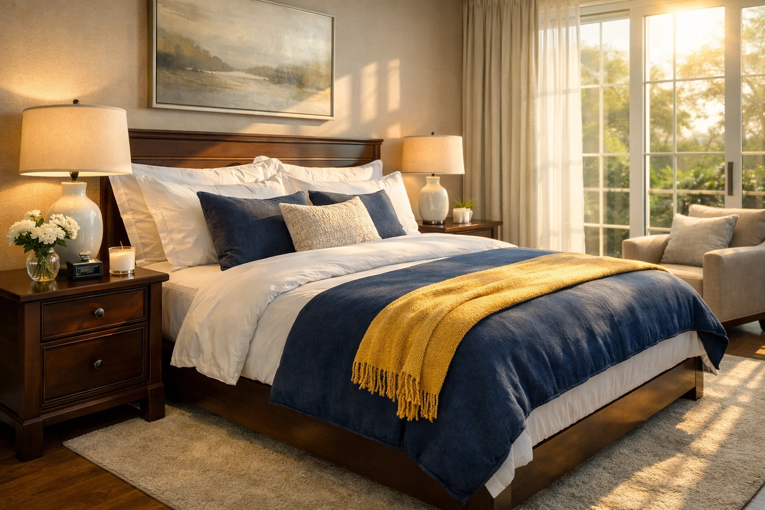 Pristine bedroom surfaces following a deep cleaning service to maintain a renovated Bedford home.