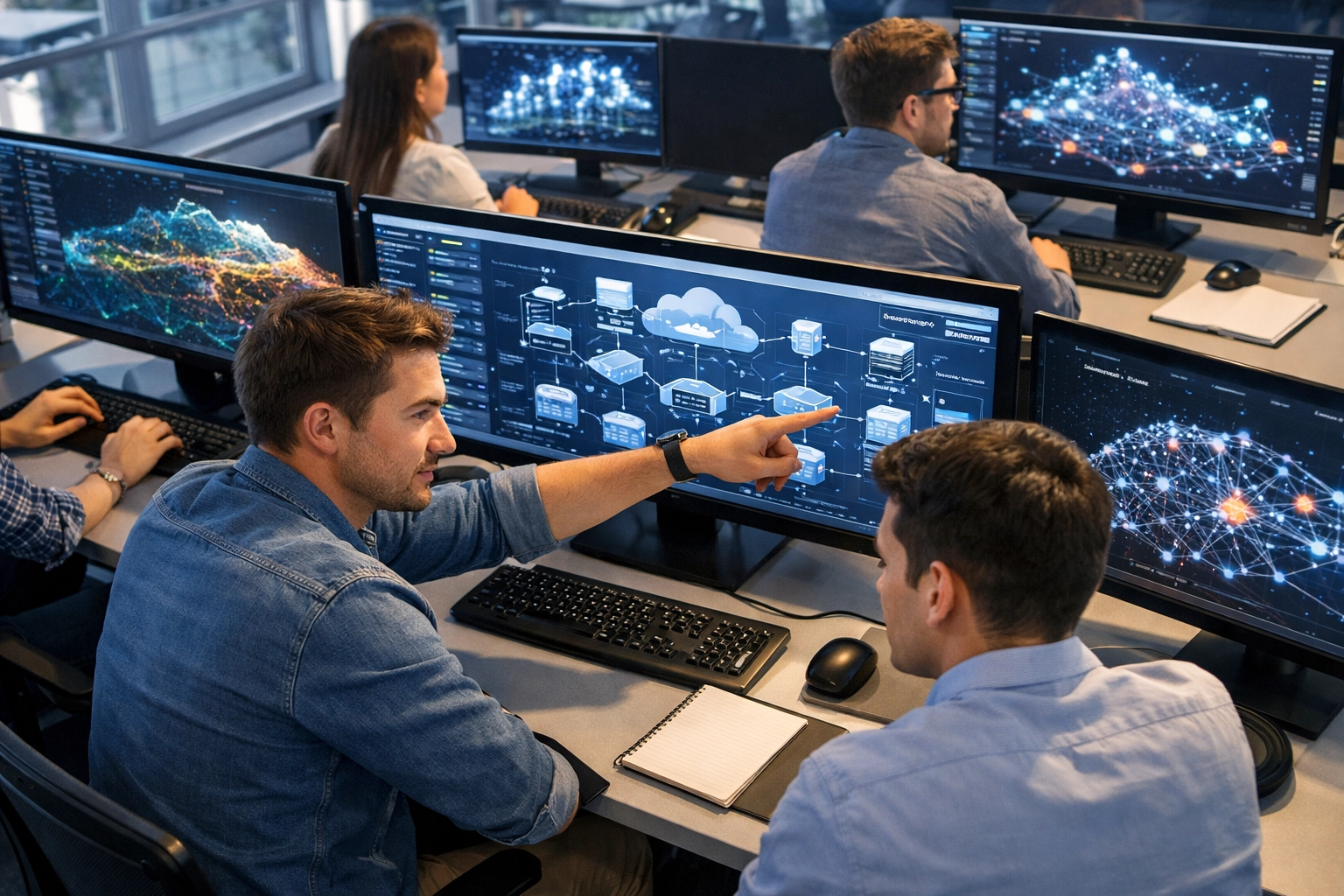 Tech professionals in a modern lab mastering cloud literacy and data visualization skills.