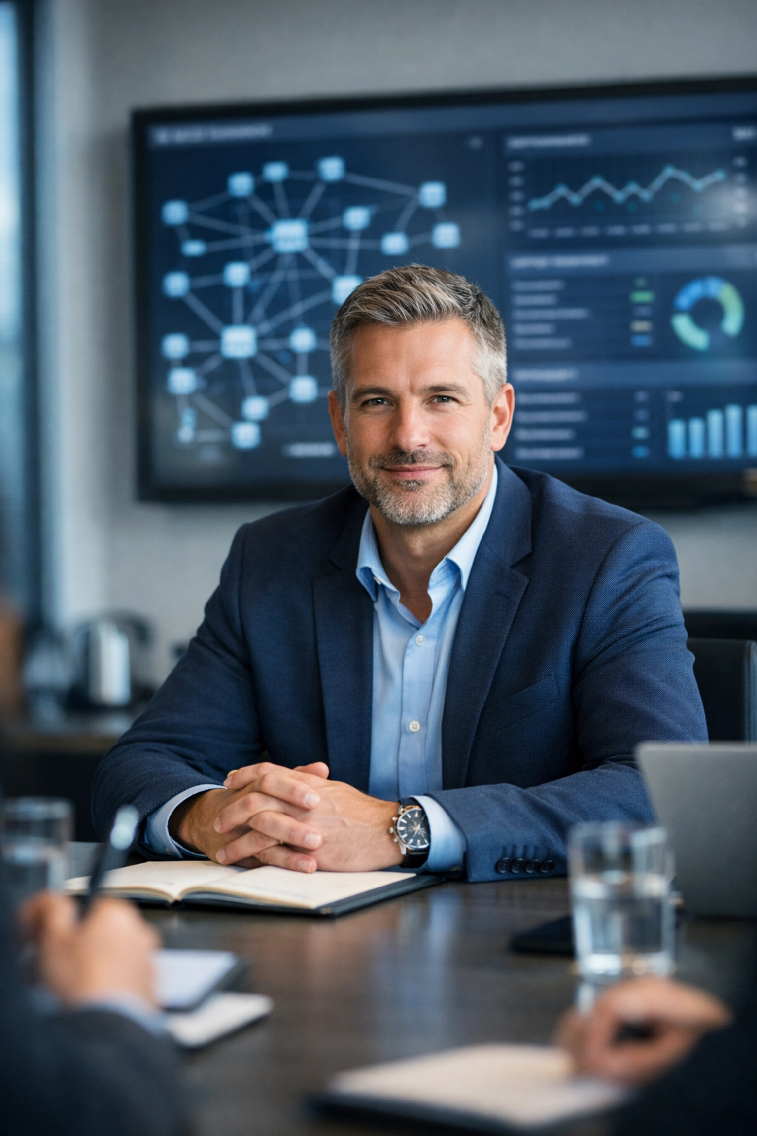 IT director in strategic planning meeting reviewing consolidated network infrastructure