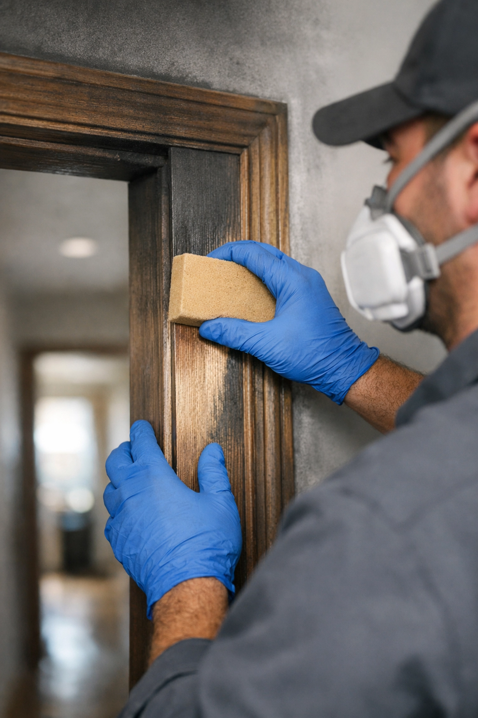 Fire restoration technician cleaning soot from a wooden door frame with a dry chemical sponge.
