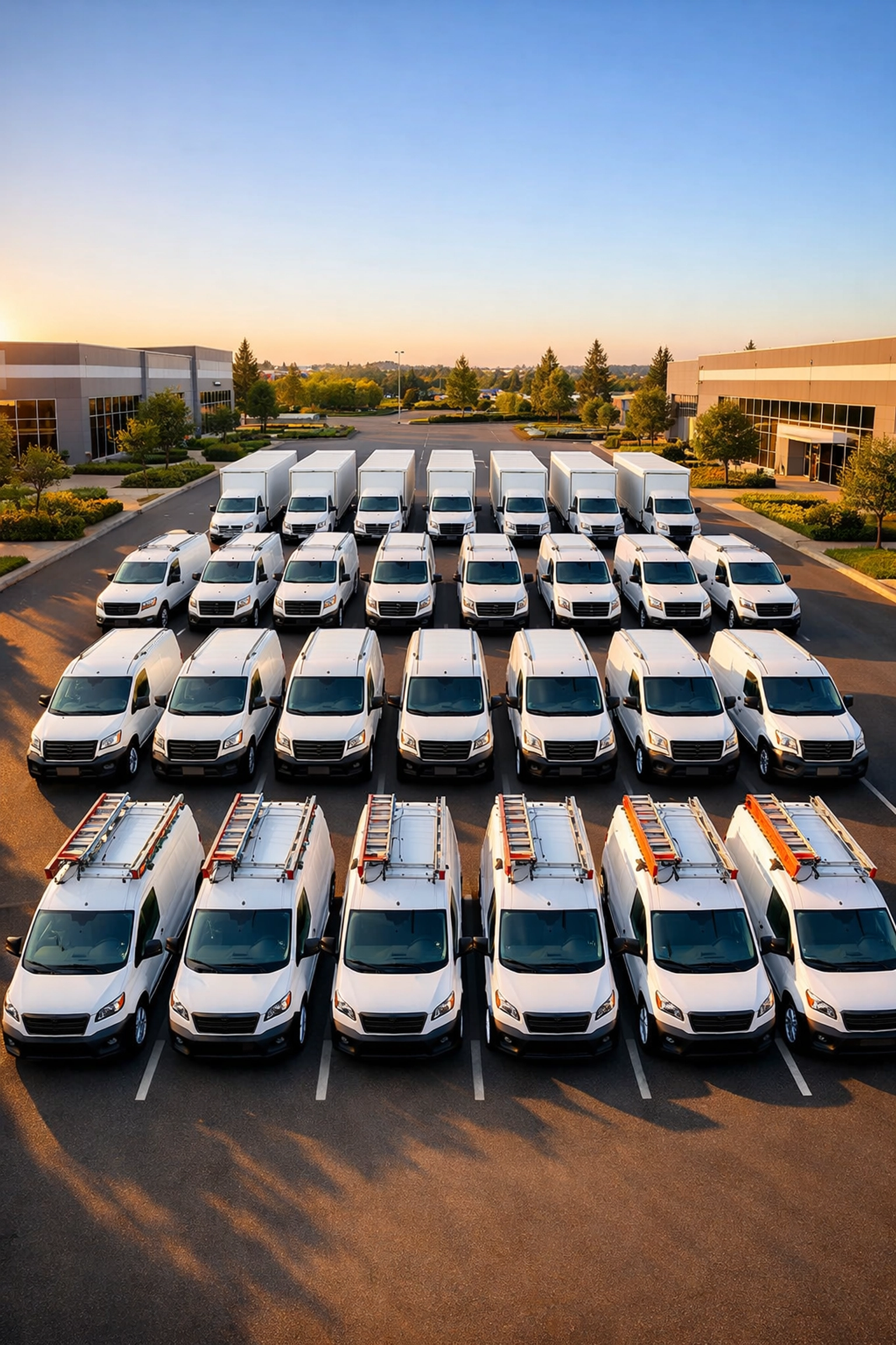 A fleet of white service vehicles in a professional lot, symbolizing a scalable Mississippi home services business.