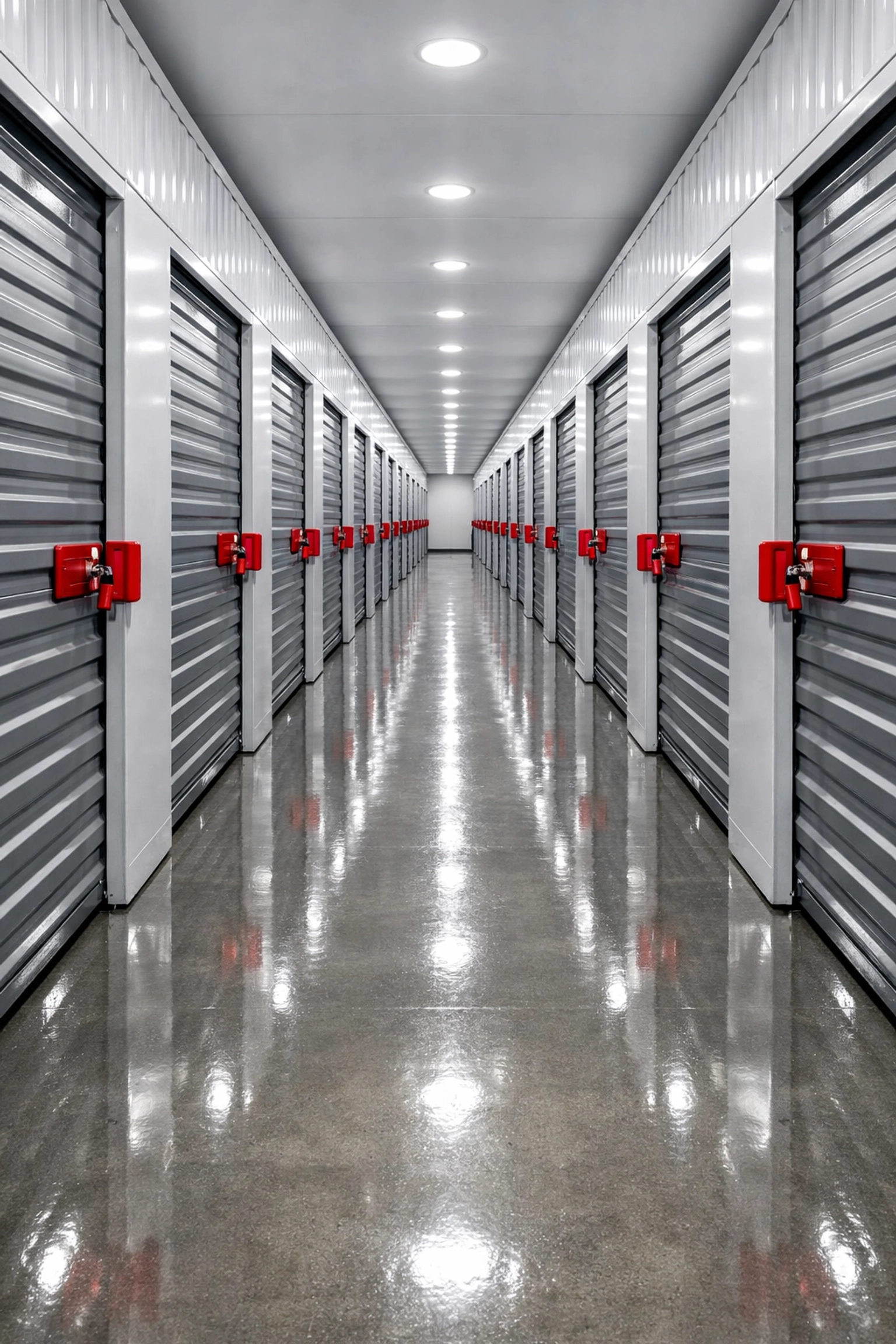 Clean and organized corridor of e-commerce storage units at a Hertford warehouse facility.