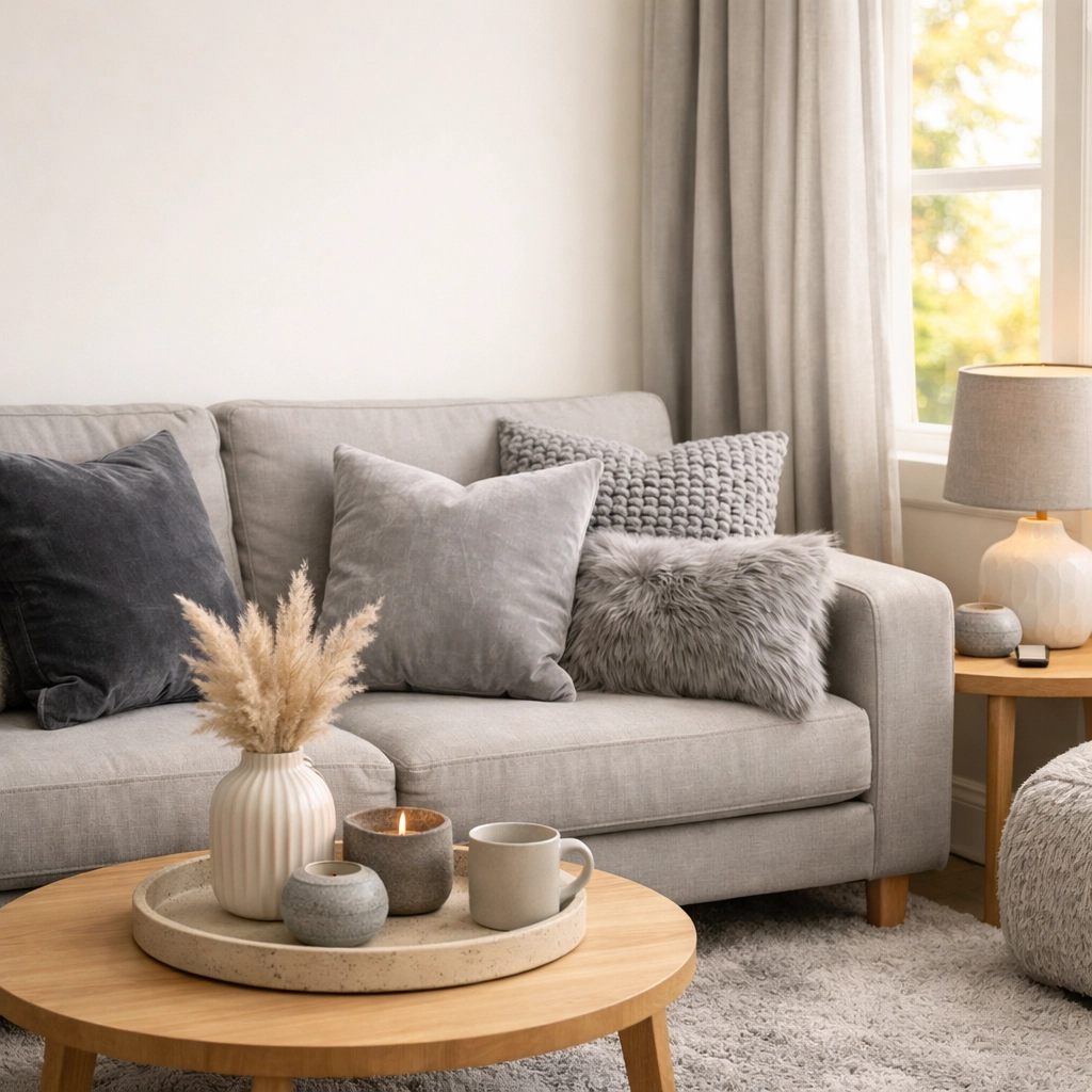 Gray textured sofa with velvet pillows demonstrating 30% secondary color in small living room