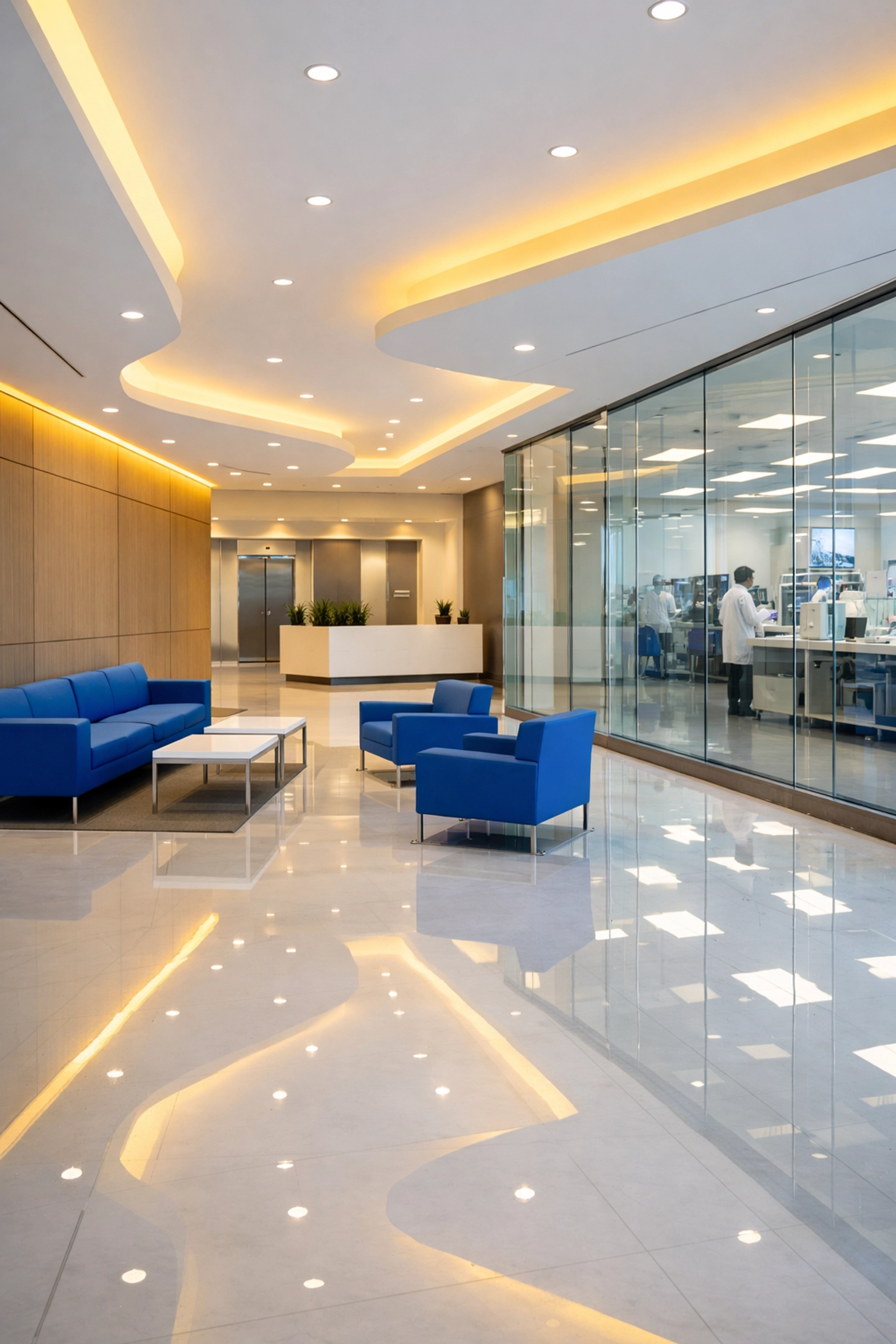 Immaculate life-sciences corporate lobby in Waltham showcasing high-end commercial cleaning.