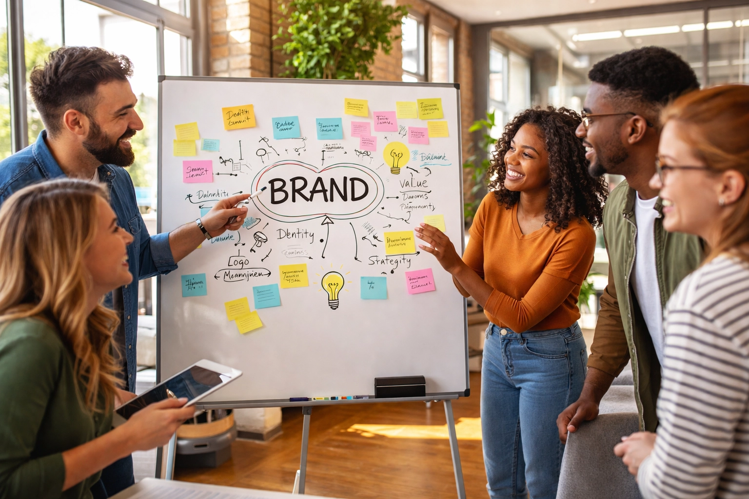 Diverse entrepreneurs collaborate around a whiteboard discussing brand positioning strategies in a modern workspace.