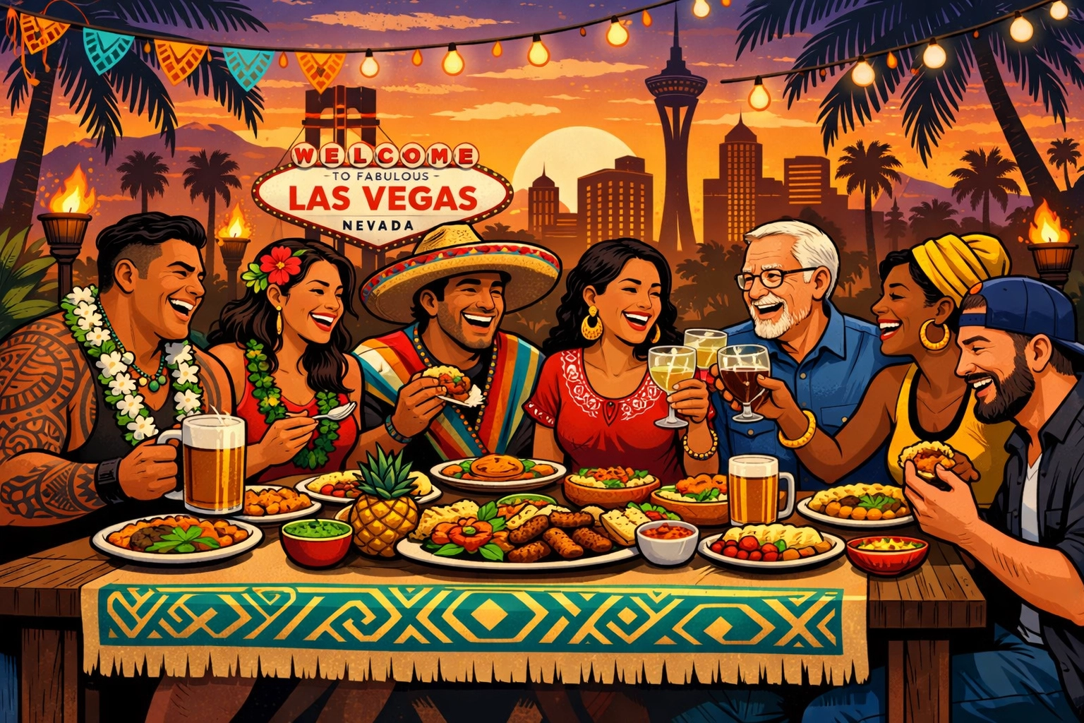 Diverse group of friends sharing a meal with the Las Vegas skyline and palm trees in the background.