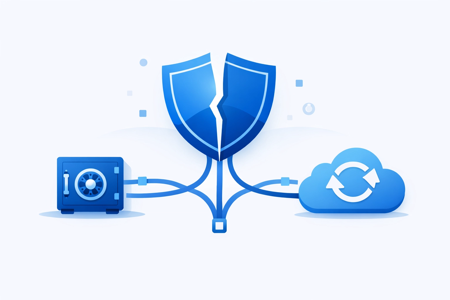 Cybersecurity and data backup shown as interconnected digital protection systems for businesses