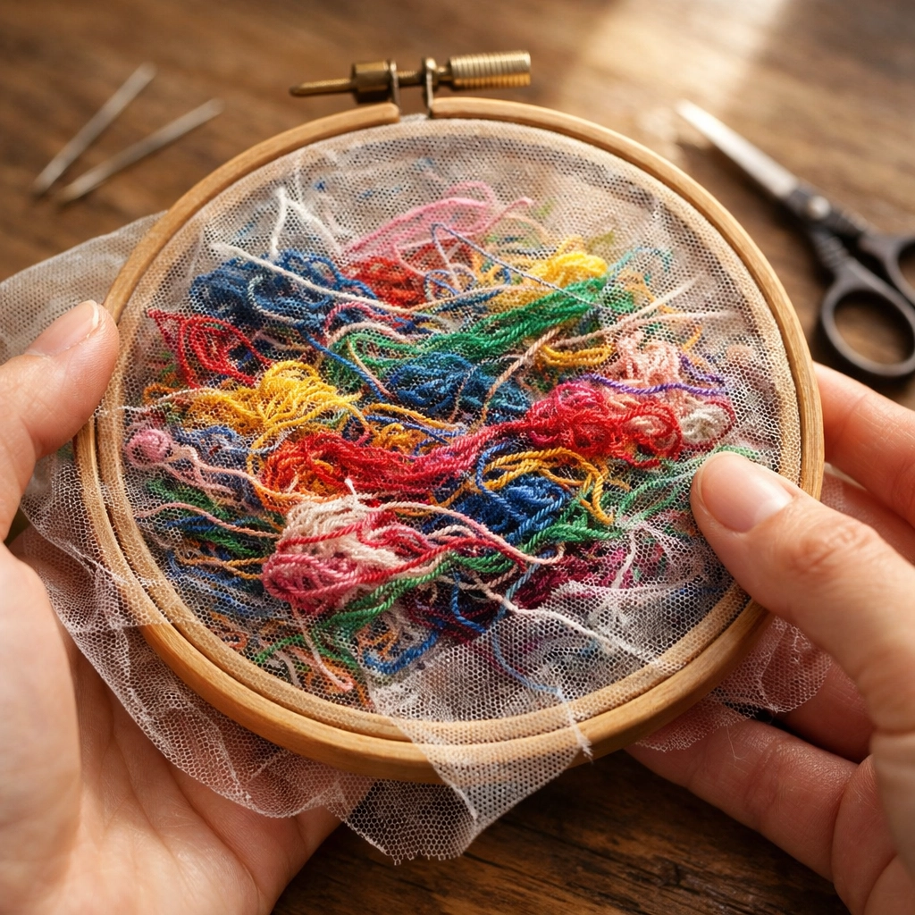Embroidery thread scraps layered in hoop for textile repurposing workshop
