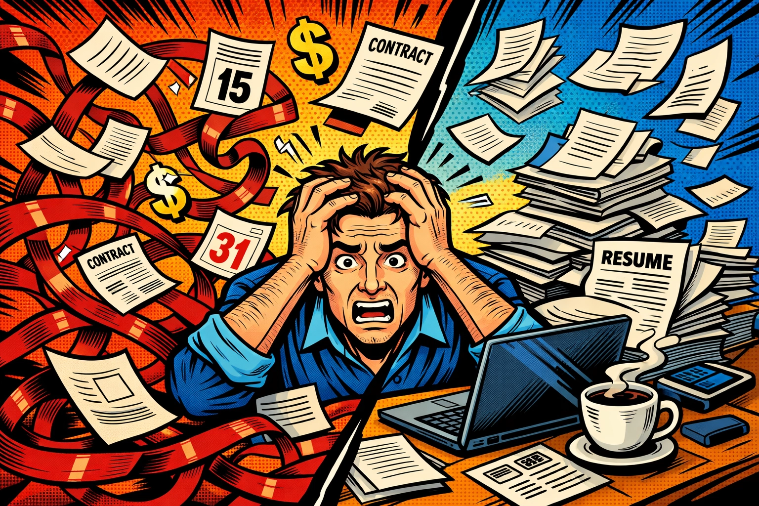 Small business owner overwhelmed by hiring paperwork, contracts, and administrative burden