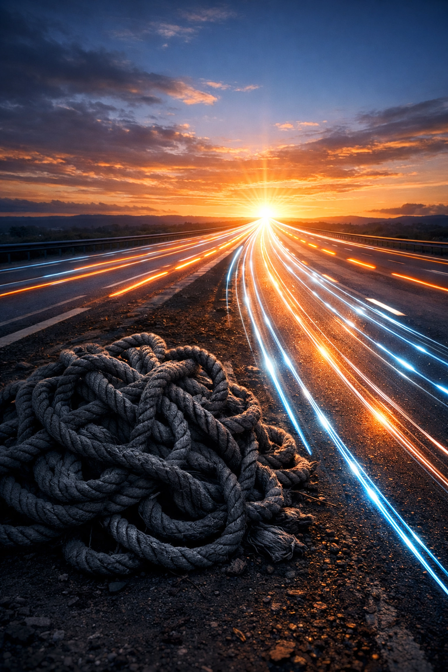 A clear highway leading toward a sunrise, representing the transition from business chaos to scale.