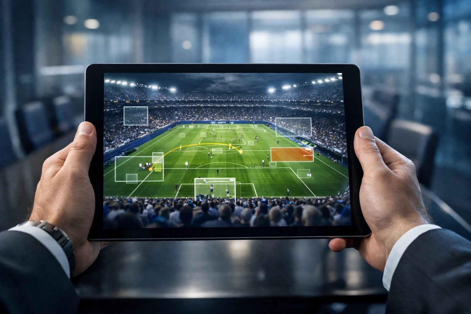 Corporate professional analyzing real-time sponsorship media data and stadium tracking on a tablet.