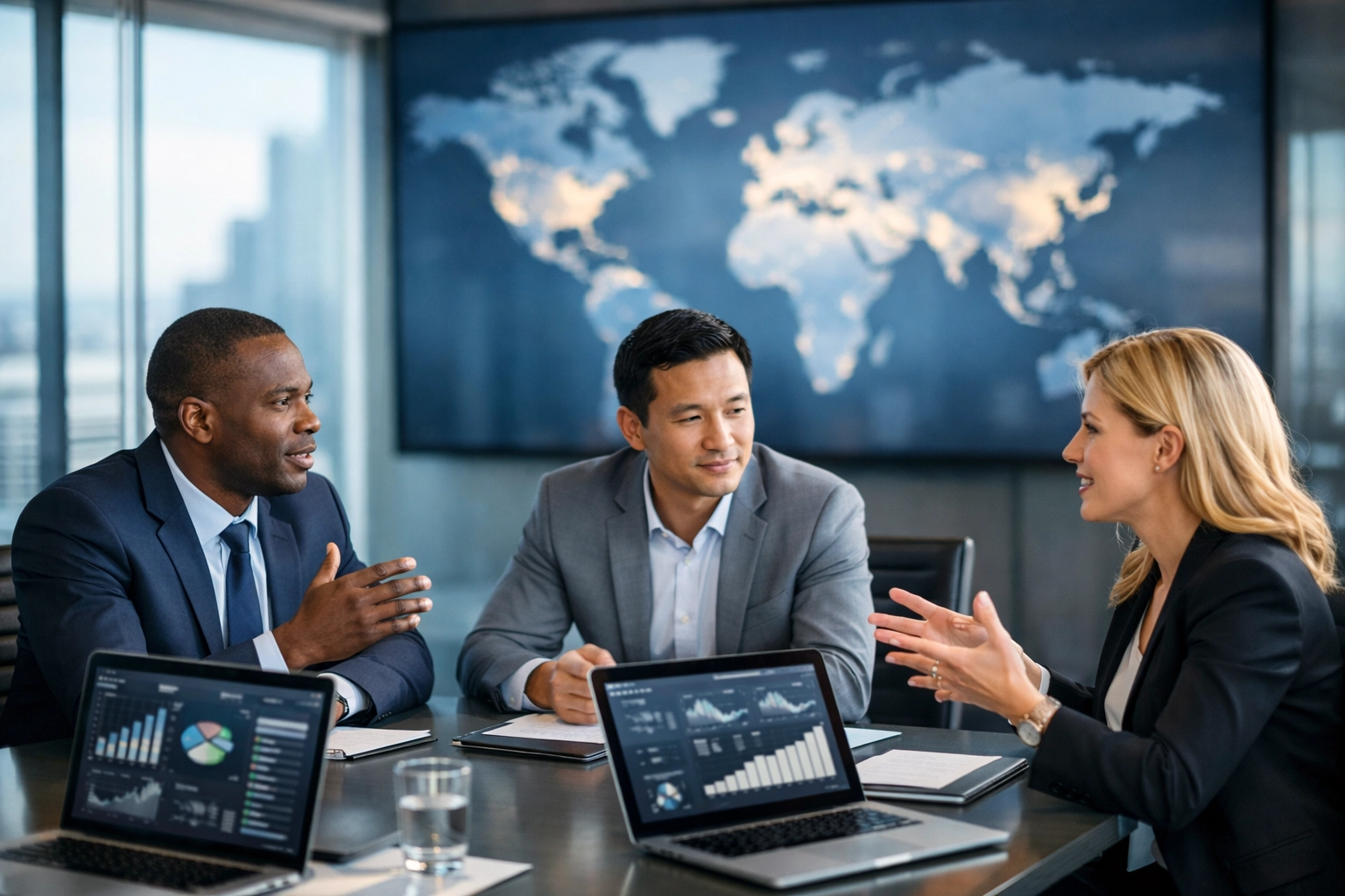 Global brand partnership consulting meeting with strategic planning and world map