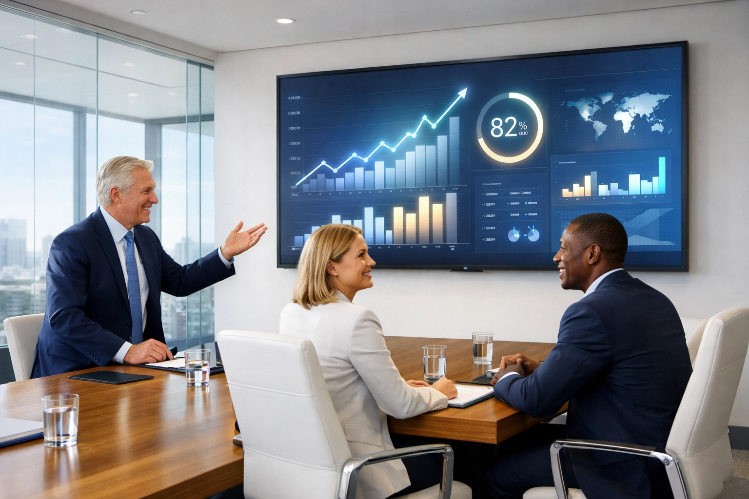 Executives analyzing ServiceNow ROI and operational performance data on a digital dashboard.