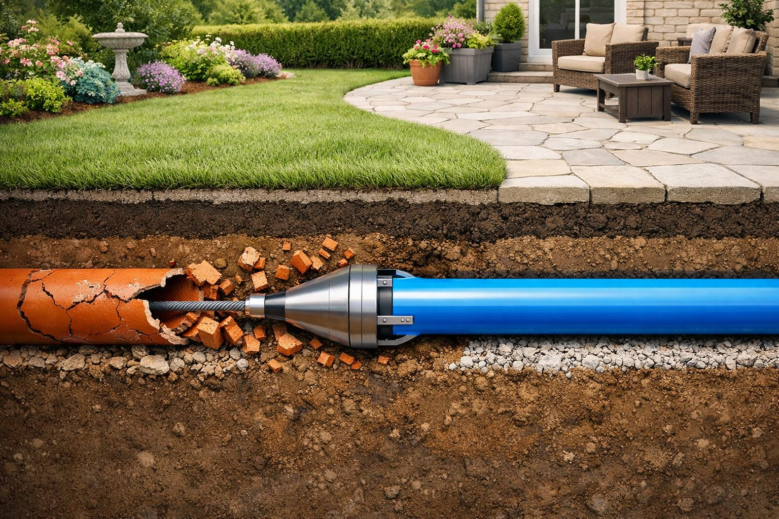 Underground cross-section showing trenchless pipe bursting technology replacing an old clay sewer line.