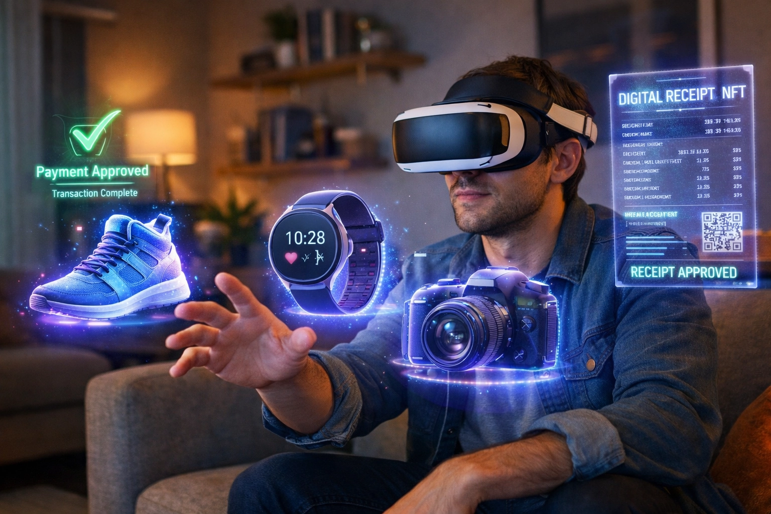 Customer using VR headset for metaverse shopping with holographic products and crypto payments