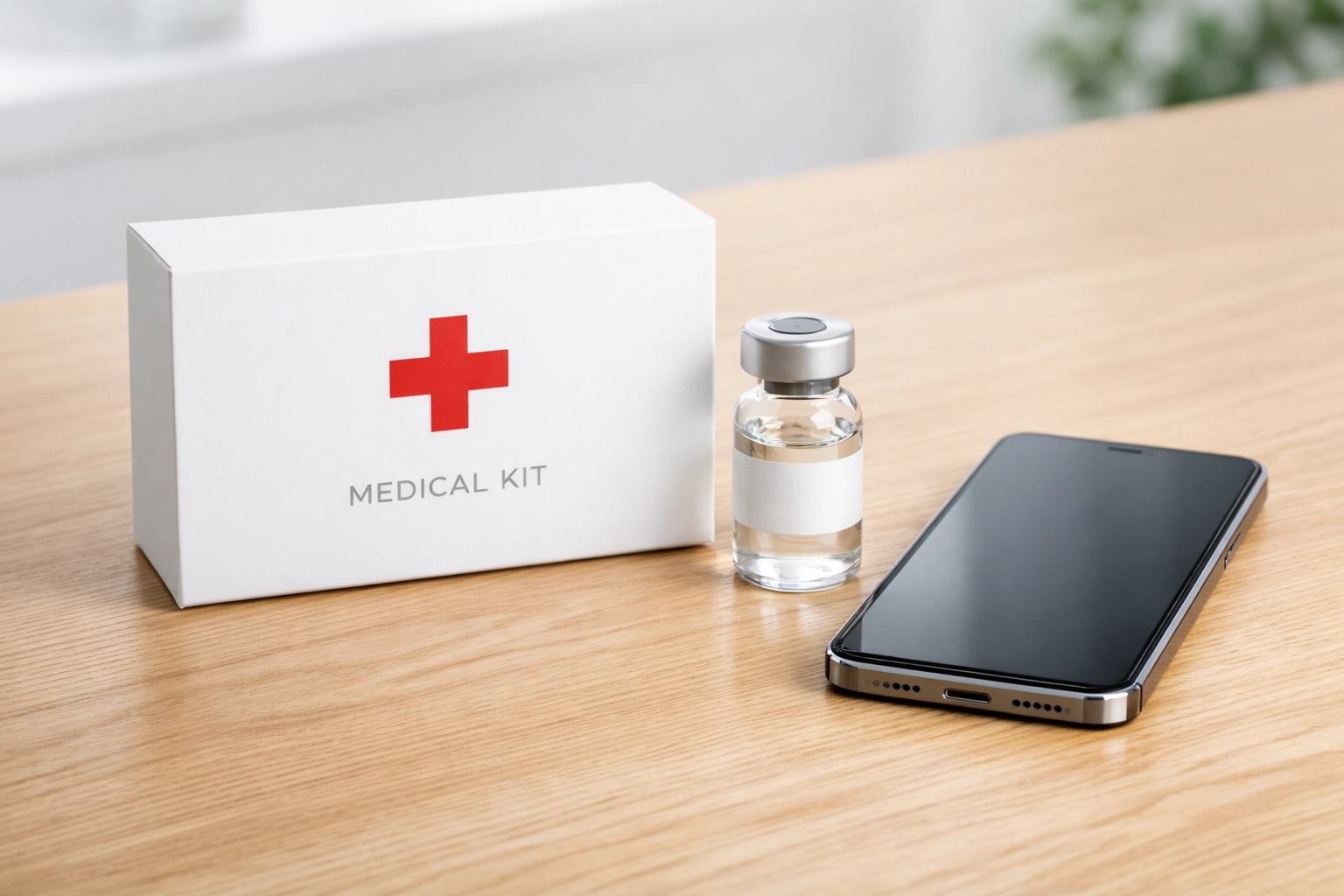 Professional medical weight loss kit and smartphone showing accessible telemedicine options for GLP-1 treatments.