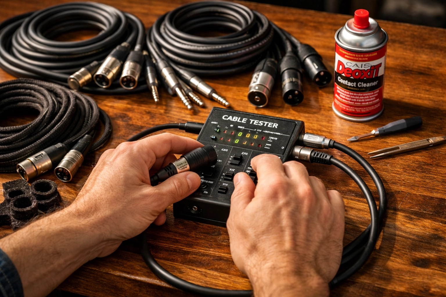 Cable tester device with organized audio cables and maintenance tools on workbench