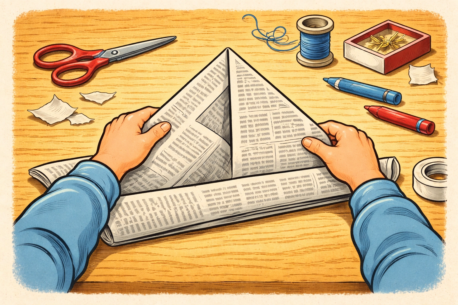Close-up of child folding newspaper into a hat, illustrating step-by-step kids craft instructions