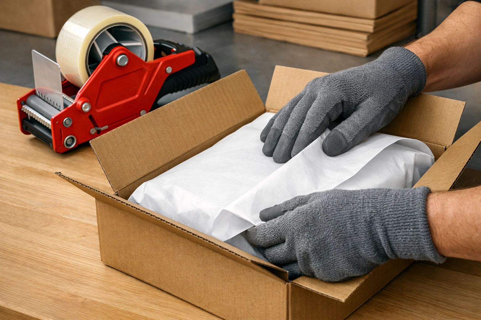 Professional fulfilment staff packing a retail order securely at a Hertford storage facilities business.