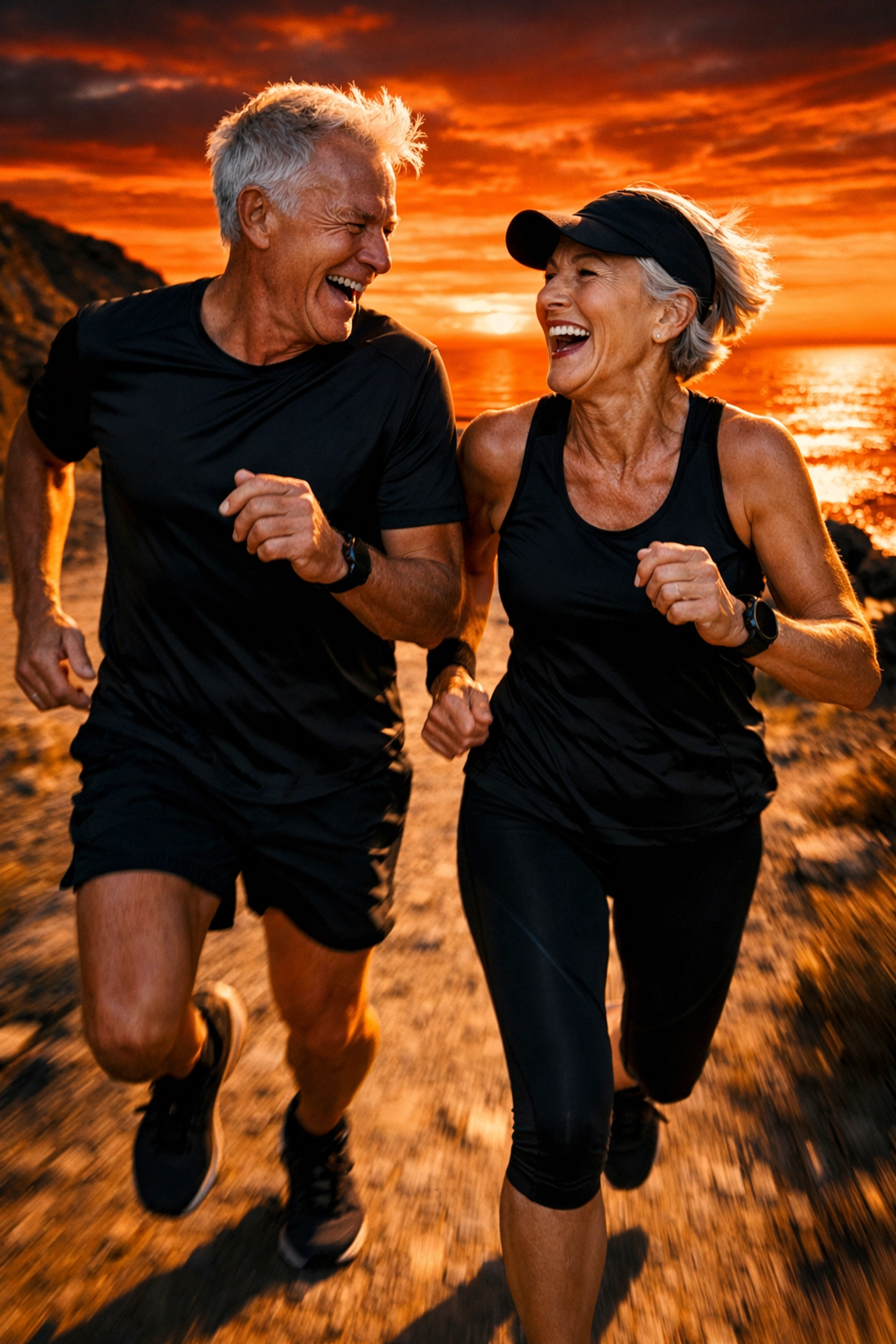 Two runners in their 60s laughing during an easy jog on a coastal trail at sunset, bold shadows and warm orange light, wearing clean black running kits with subtle orange details.