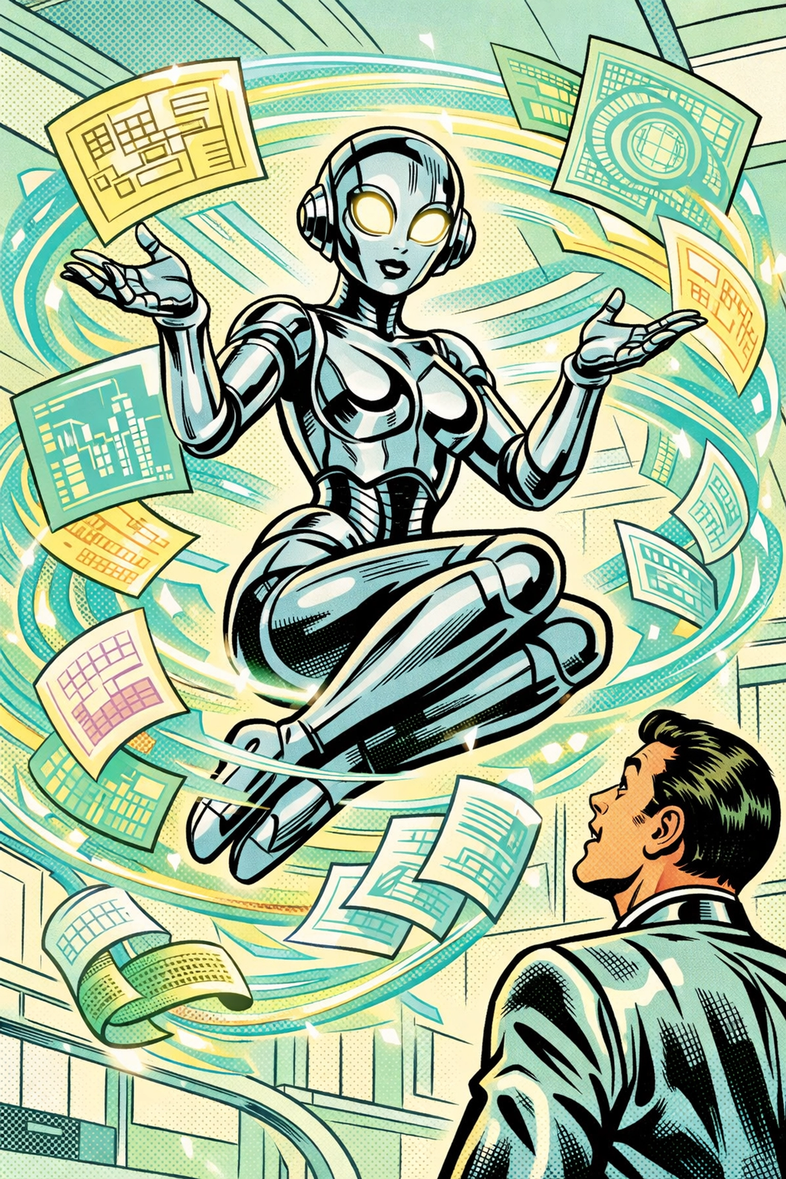 Futuristic AI agent analyzing technical data and scrolls to shortlist B2B SaaS vendors.