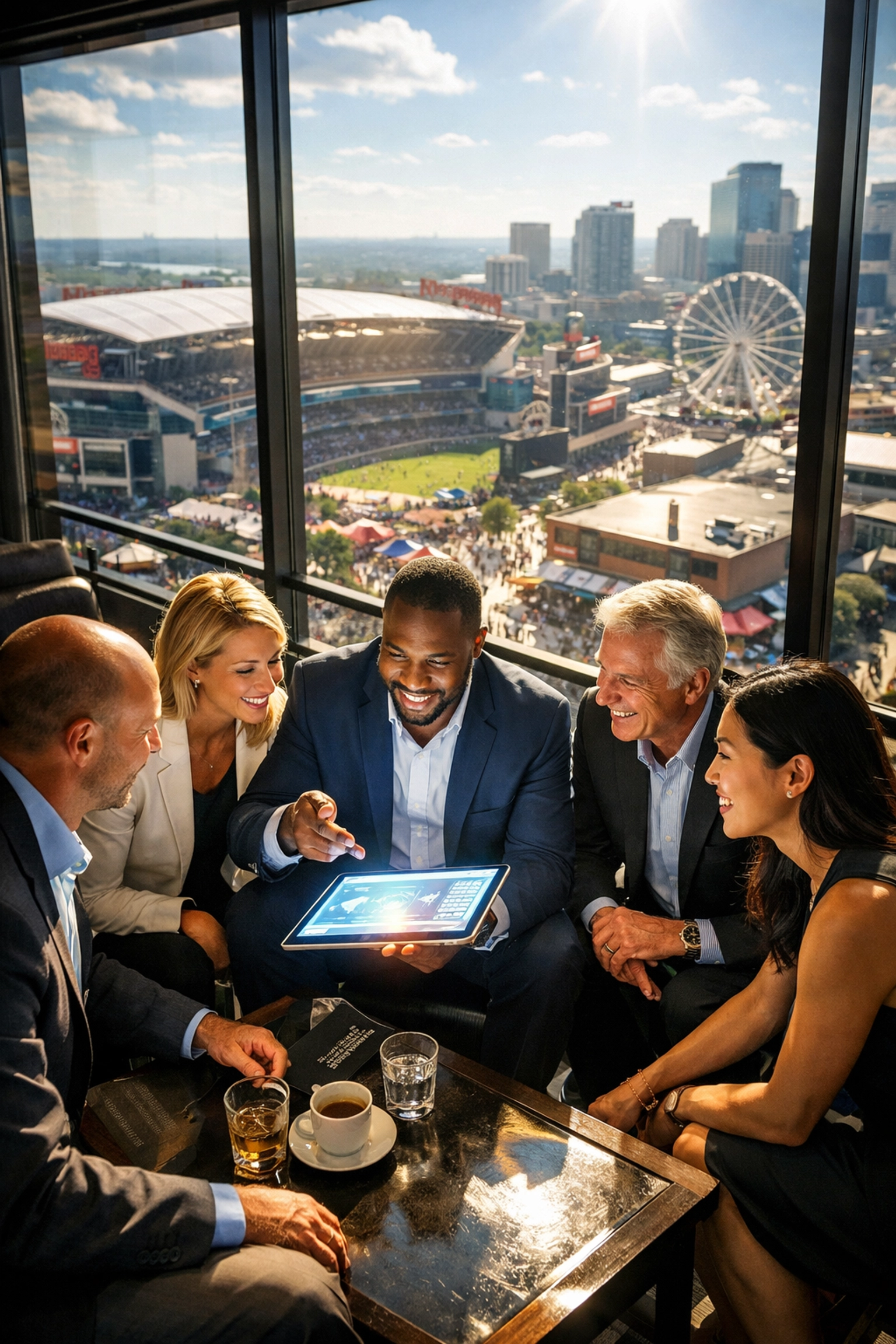 Marketing experts in a sunlit lounge planning a geotargeted sports media framework near a stadium.