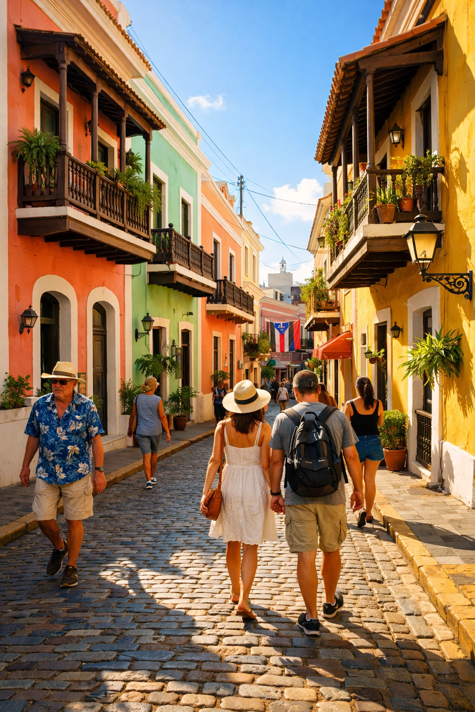 Colorful colonial buildings and cobblestone streets in Old San Juan, Puerto Rico