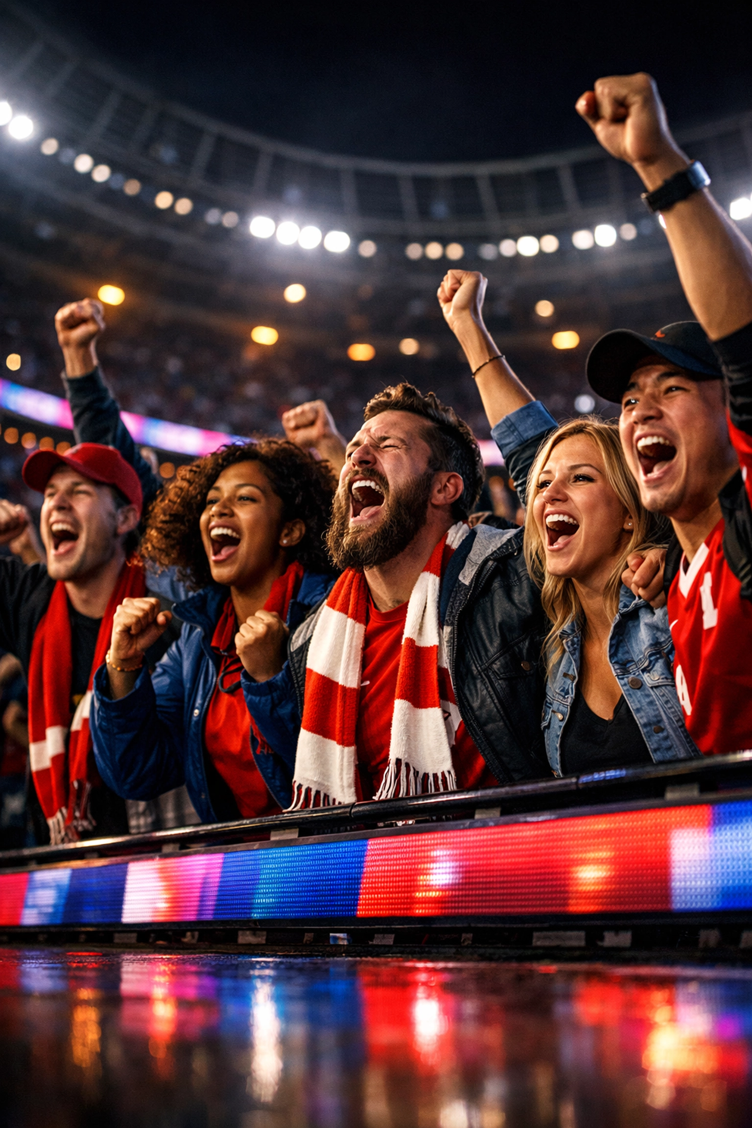 Excited fans cheering in front of glowing stadium perimeter boards during a night game.