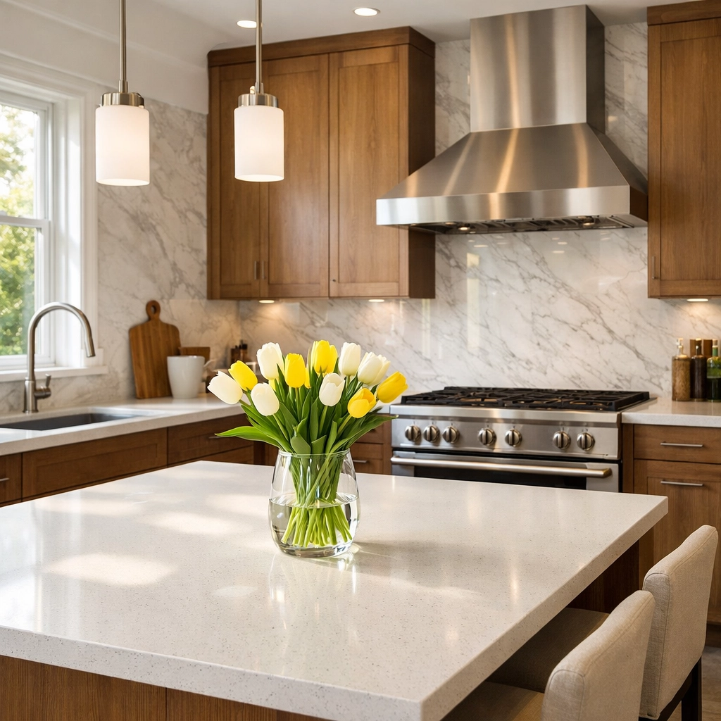 A modern Centennial home kitchen with white quartz countertops and professional appliances.