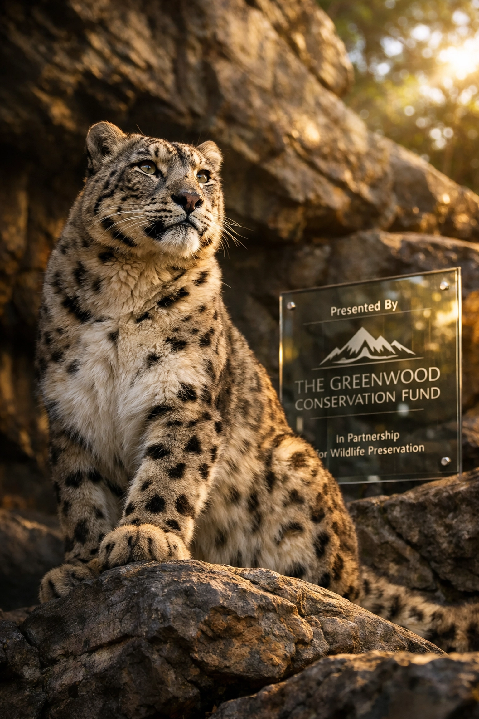 Corporate zoo sponsorship plaque near a majestic snow leopard enclosure, emphasizing high-impact brand alignment.