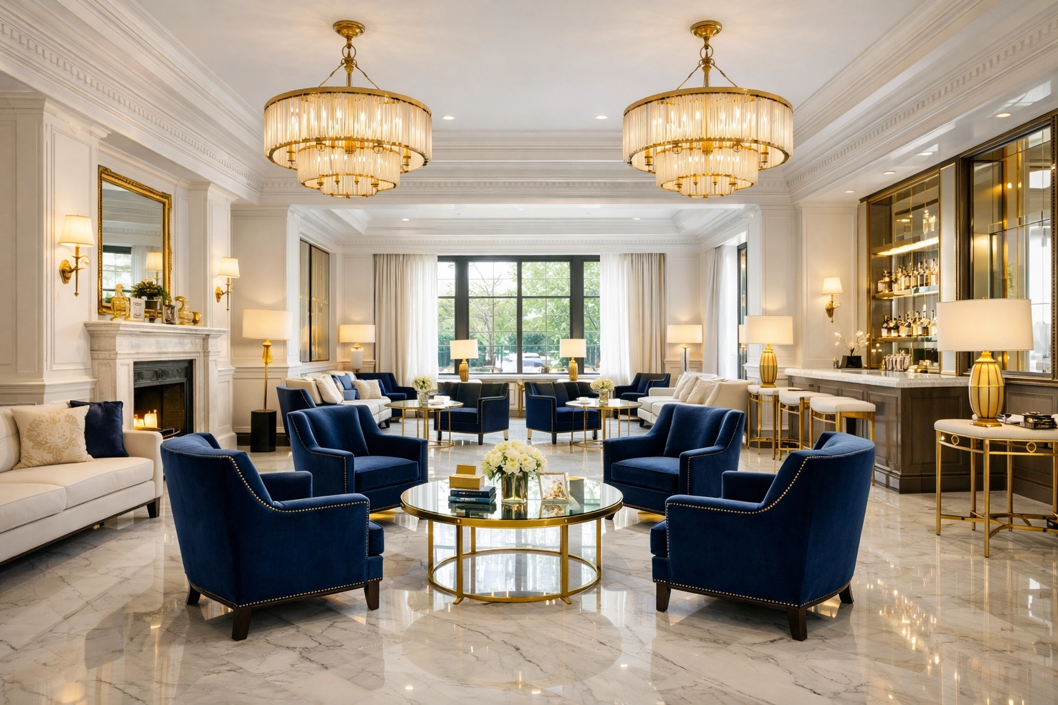 Immaculate boutique hotel lobby in Marblehead featuring polished marble floors and clean seating.