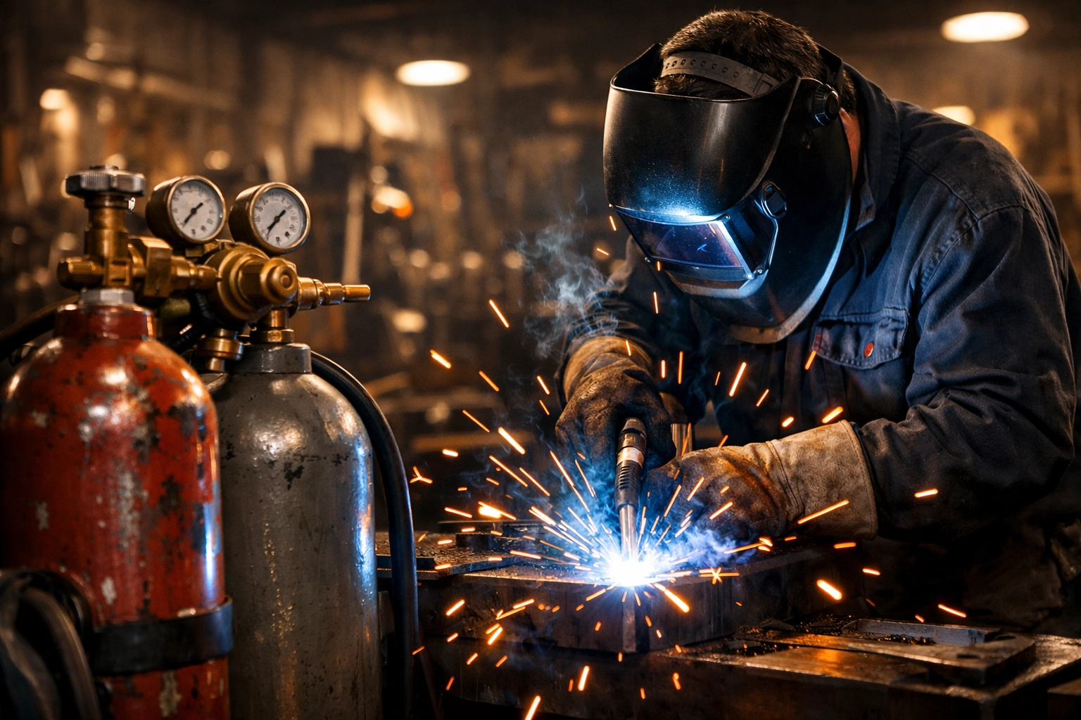 Industrial welding gas cylinders with regulators in workshop during welding work