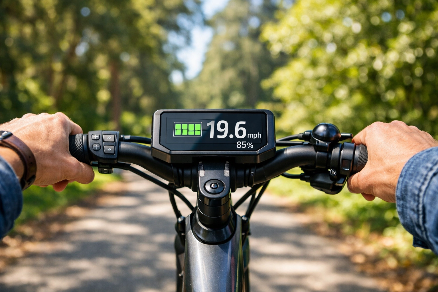 Close-up of e-bike handlebars showing battery display and comfortable upright riding position
