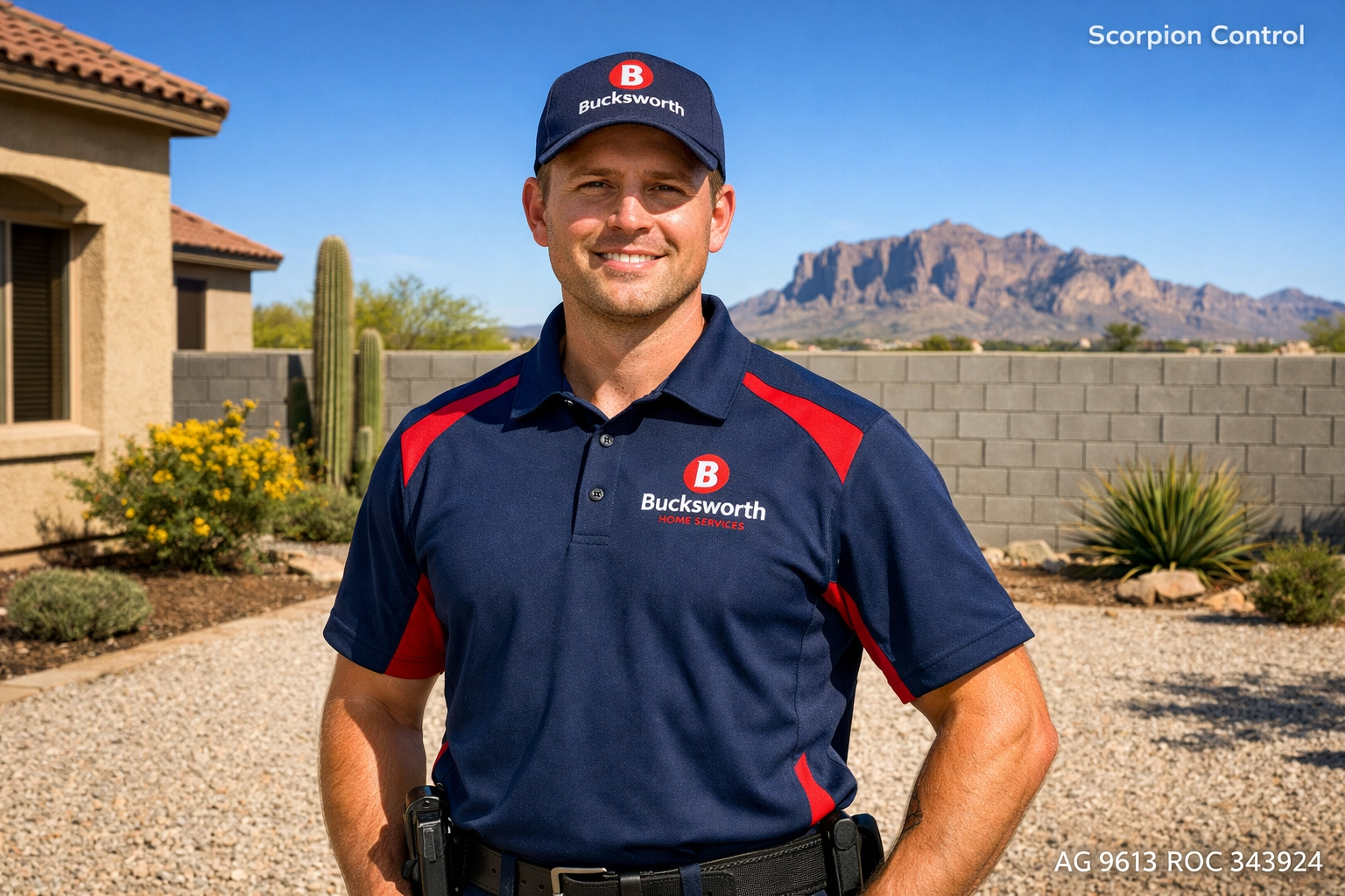 Bucksworth Home Services technician providing expert scorpion control in a Mesa AZ backyard near block walls.