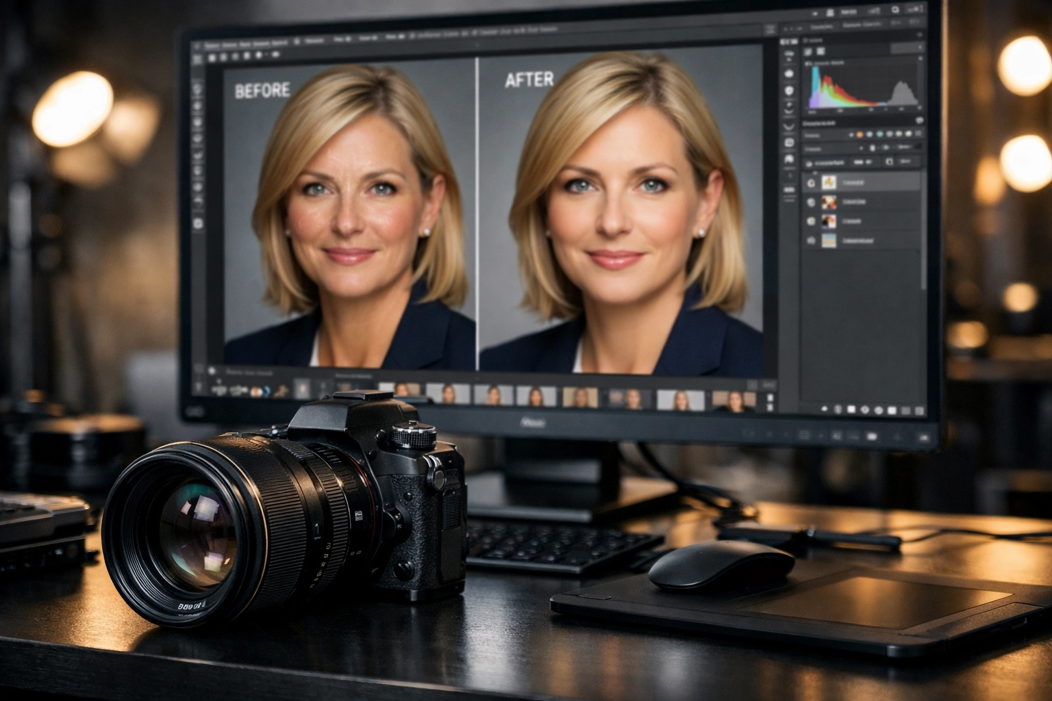 Photography studio workstation editing a polished image for a successful headshot session outcome.