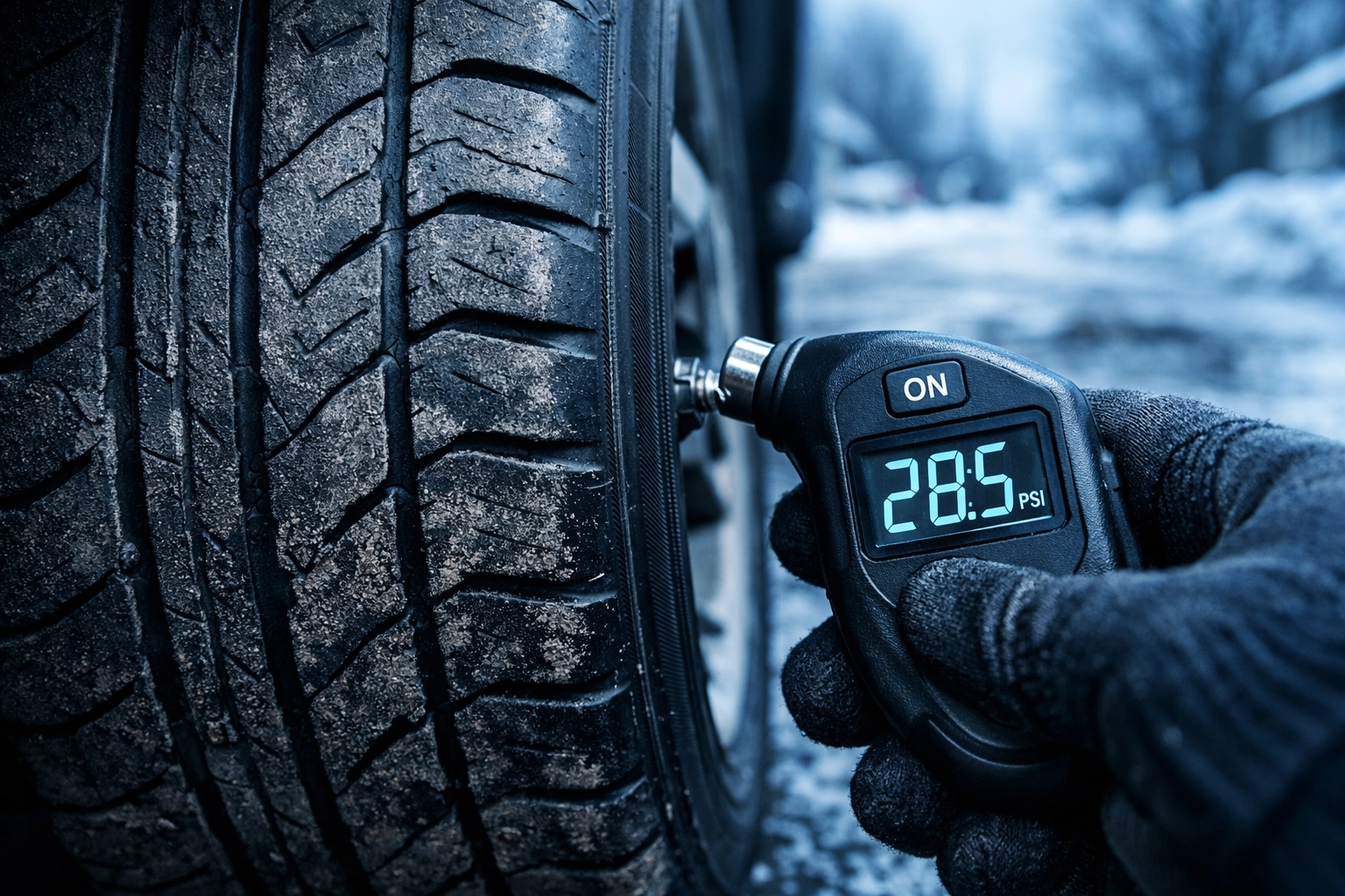 Checking tire pressure with gauge on winter tire in Green Bay snowy conditions
